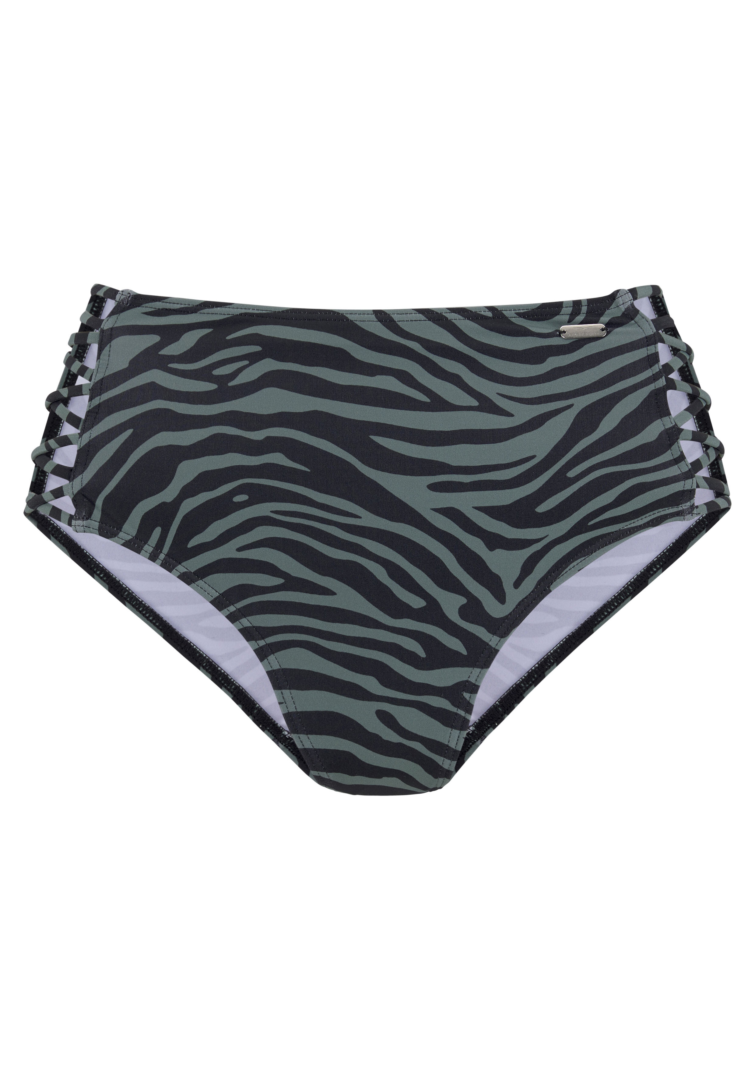 Hoch taillierte Bikinihose mit dunkelgrünem Zebramuster und seitlichen Schnürdetails.
