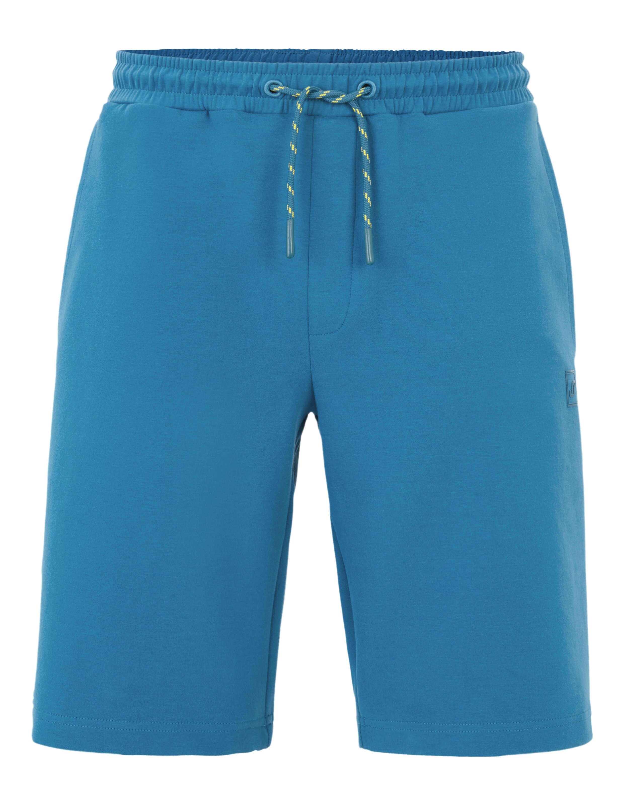 Blaue Shorts mit elastischem Bund und schwarz-gelb gestreiftem Kordelzug, vor hellem Hintergrund präsentiert.