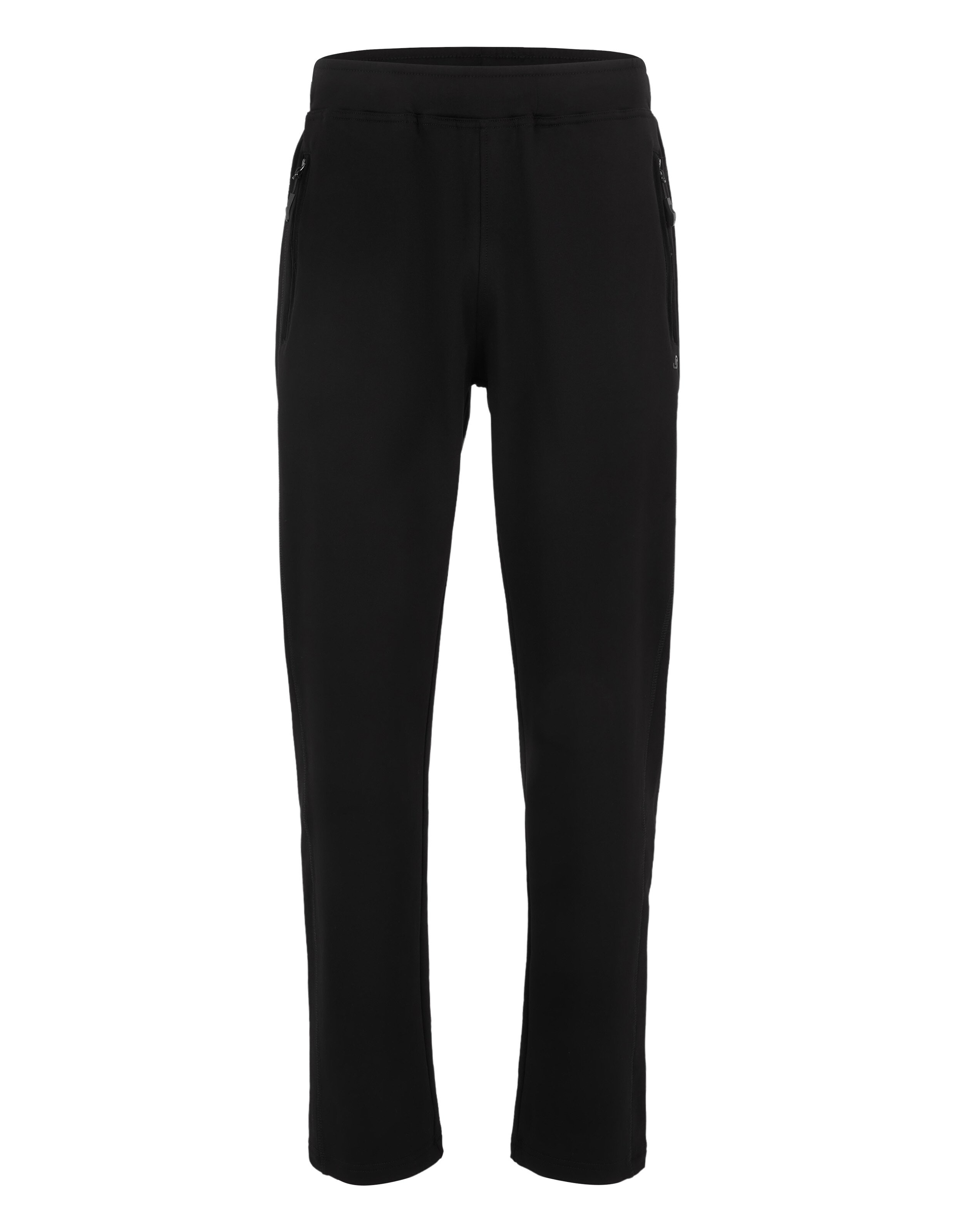 Schwarze Jogginghose mit elastischem Bund und Reißverschlusstaschen an den Seiten, schlichtes Design und bequemer Schnitt.