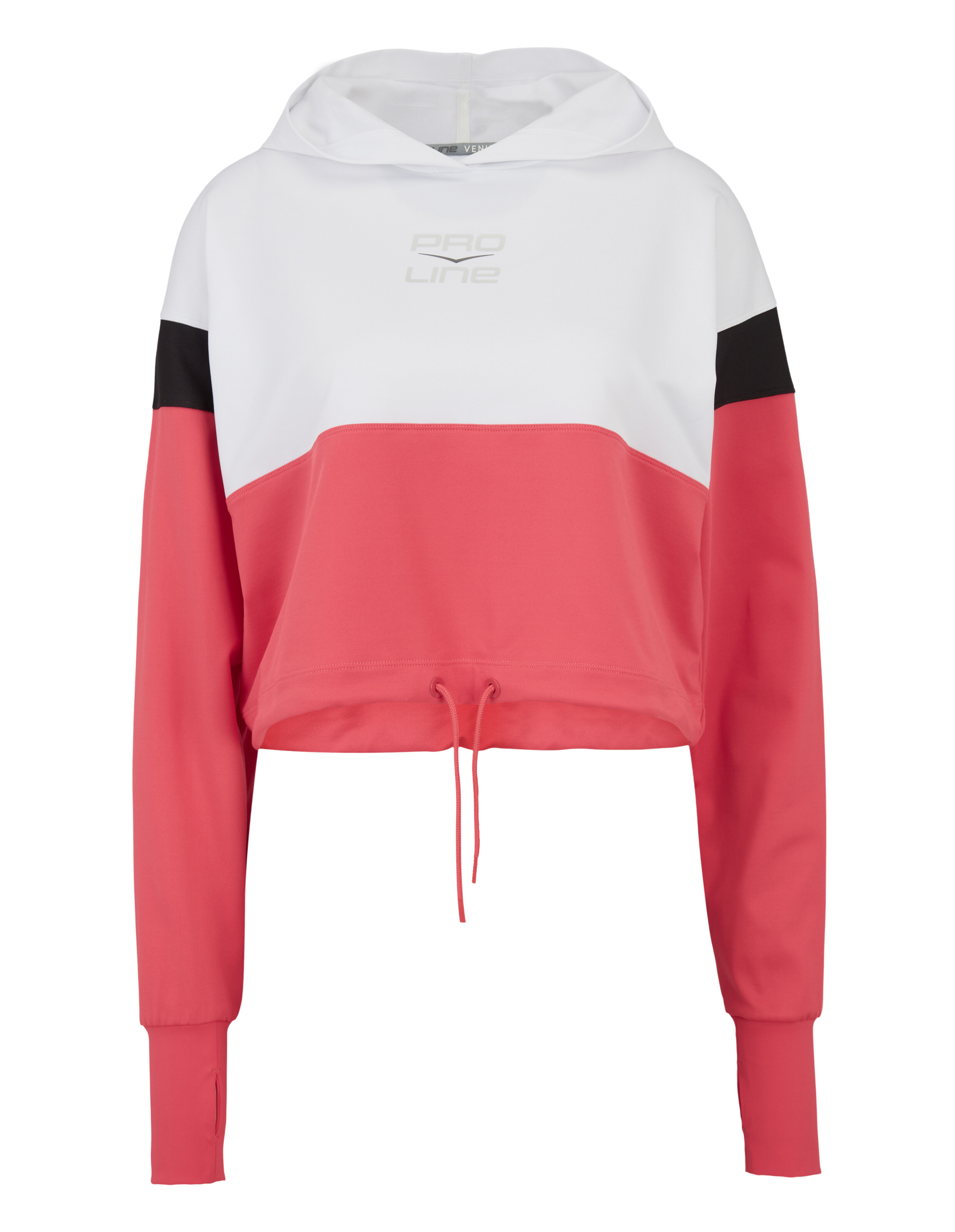 Kurzer Kapuzenpullover in Rosa, Weiß und Schwarz mit Kordelzug und Logodetail.