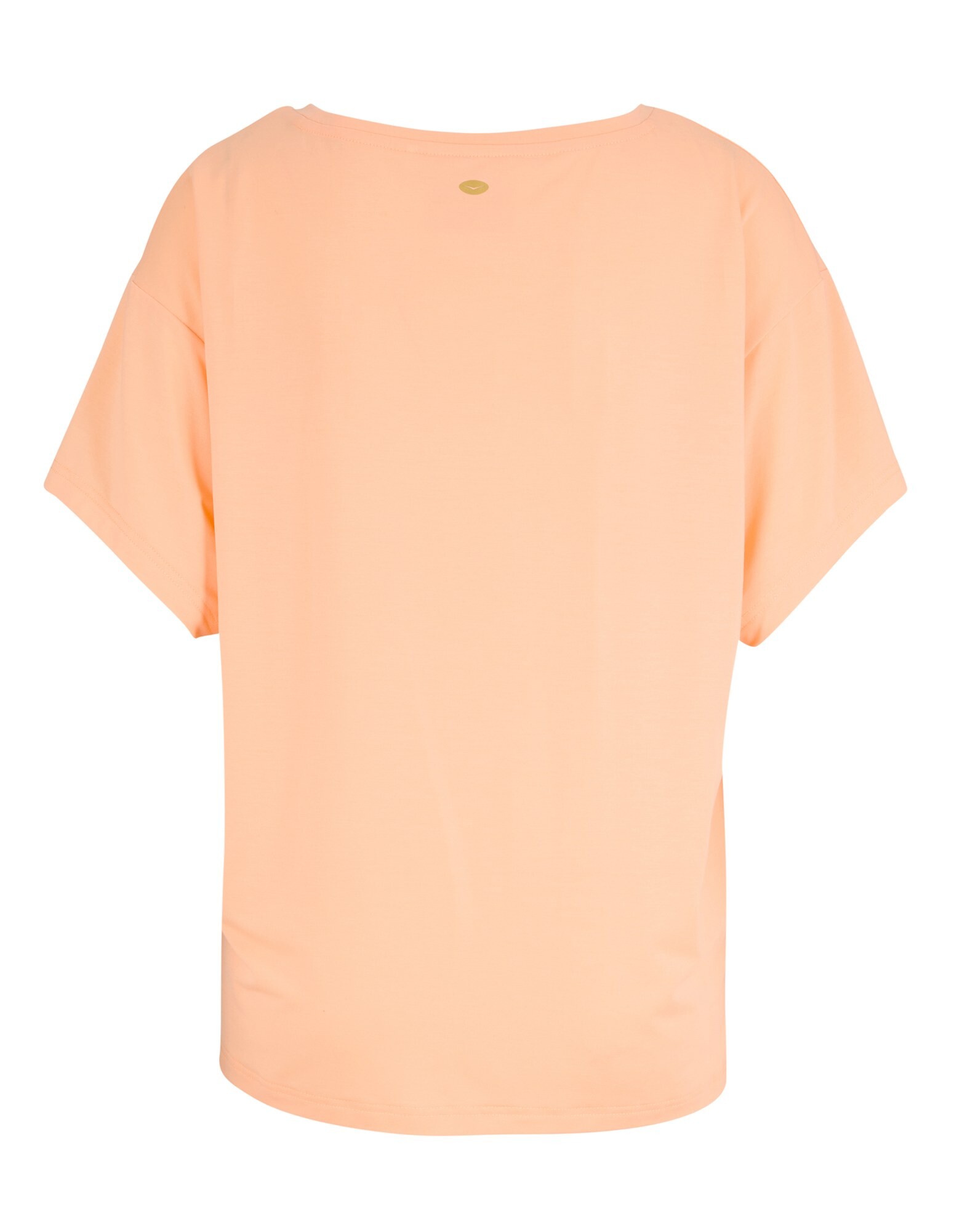 Rückansicht eines pfirsichfarbenen T-Shirts mit lockerer Passform und kurzen Ärmeln.