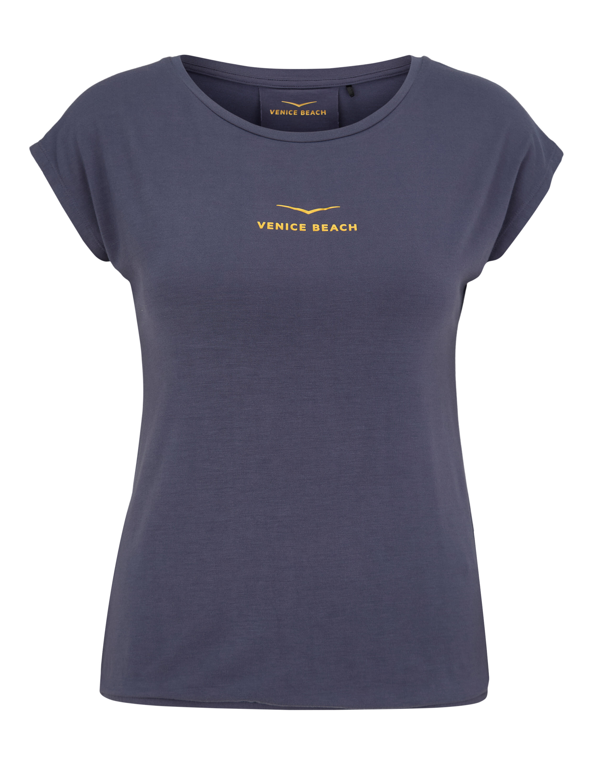 Dunkelgraues lässiges T-Shirt von Venice Beach mit gelbem Logo-Print auf der Brust.