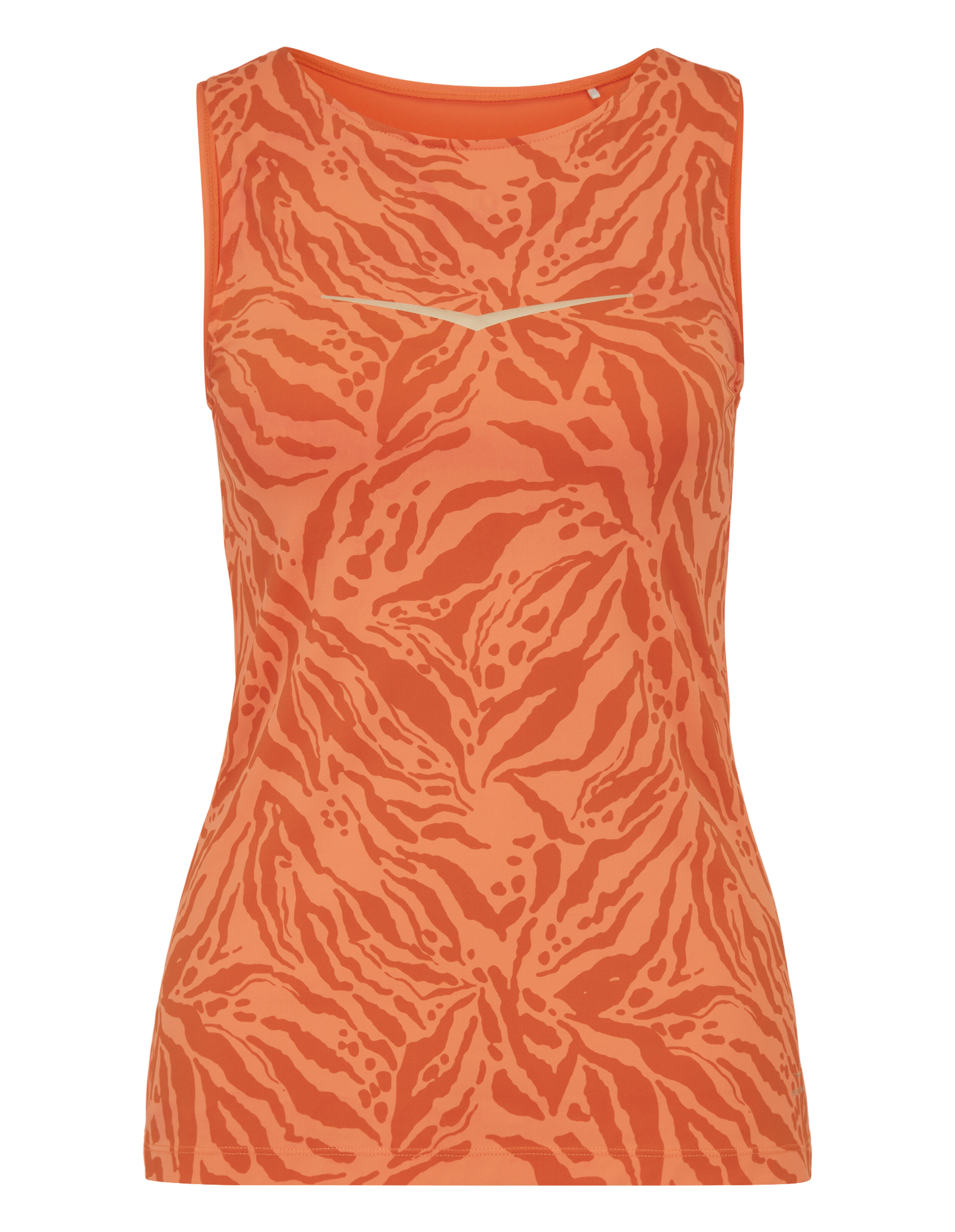 Orangefarbenes, ärmelloses Tanktop mit gemustertem Design für lässige Sommerkleidung.