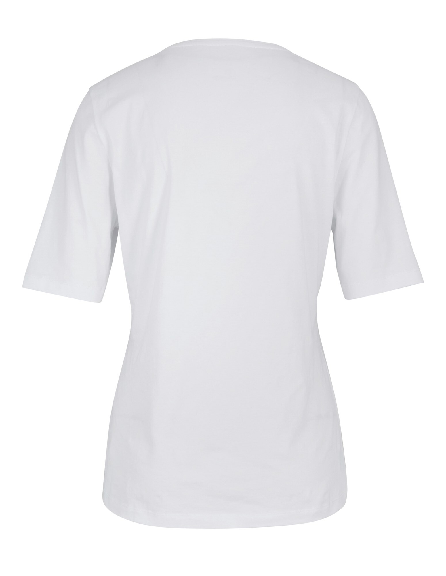 Rückansicht eines weißen Freizeit-T-Shirts mit kurzen Ärmeln, perfekt für den Alltag.