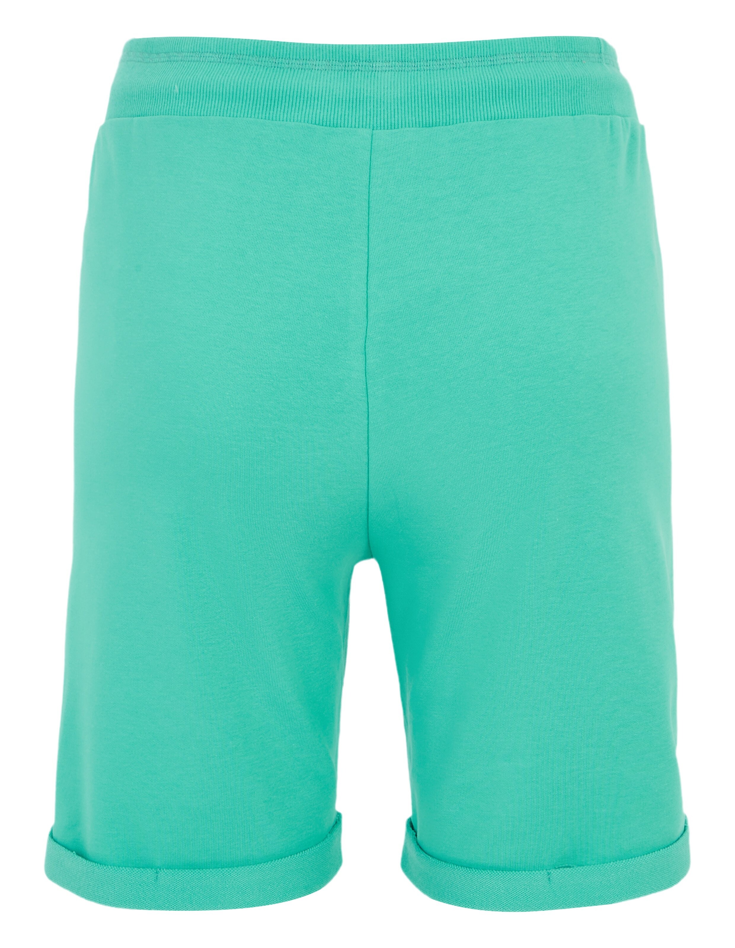 Türkise Shorts aus Baumwolle, hintenansicht, mit elastischem Bund und umgeschlagenem Saum, ideal für Freizeitkleidung.