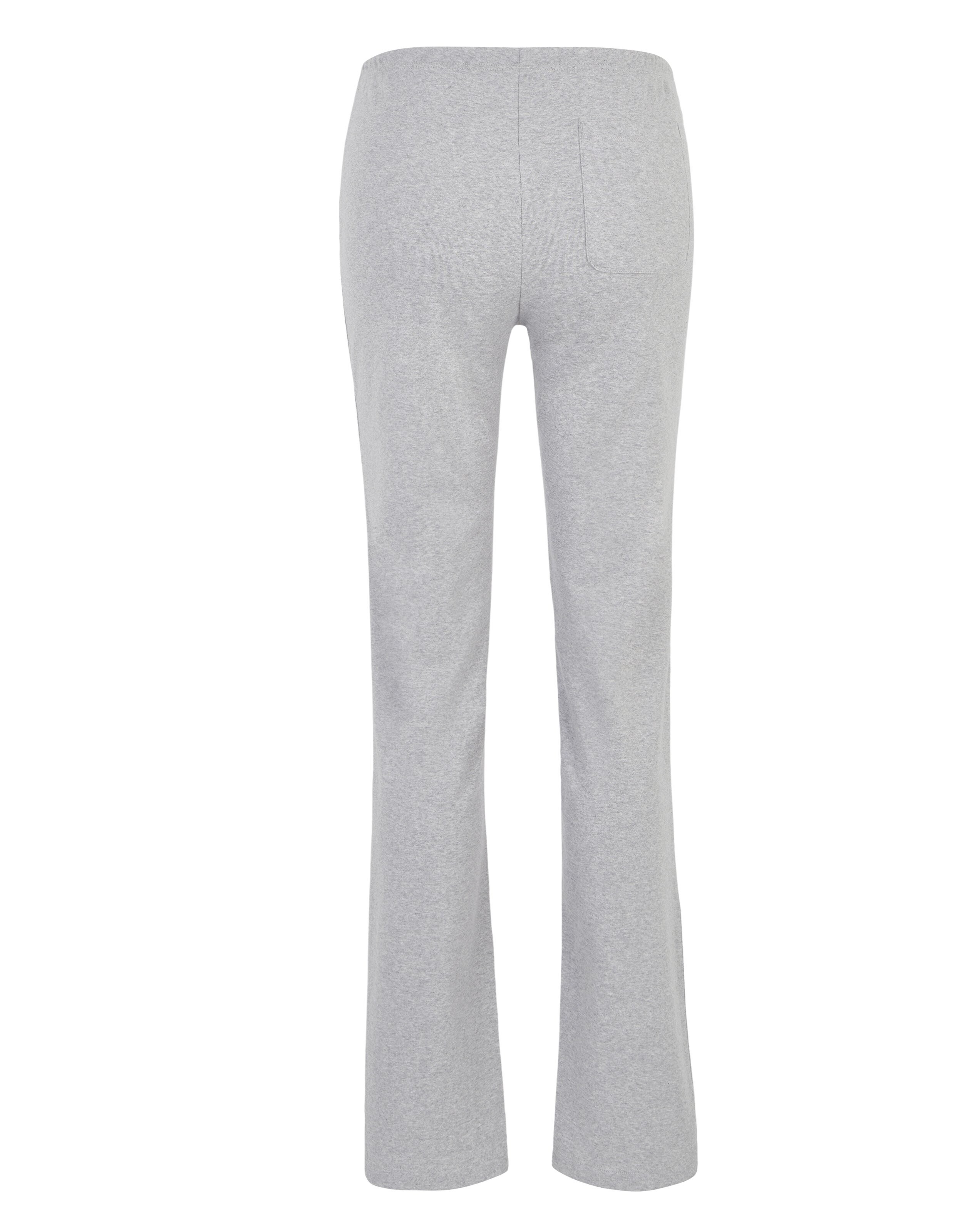 Graue Jogginghose mit weitem Schnitt, elastischem Bund, einer Gesäßtasche und geradem Bein, Rückansicht auf weißem Hintergrund.