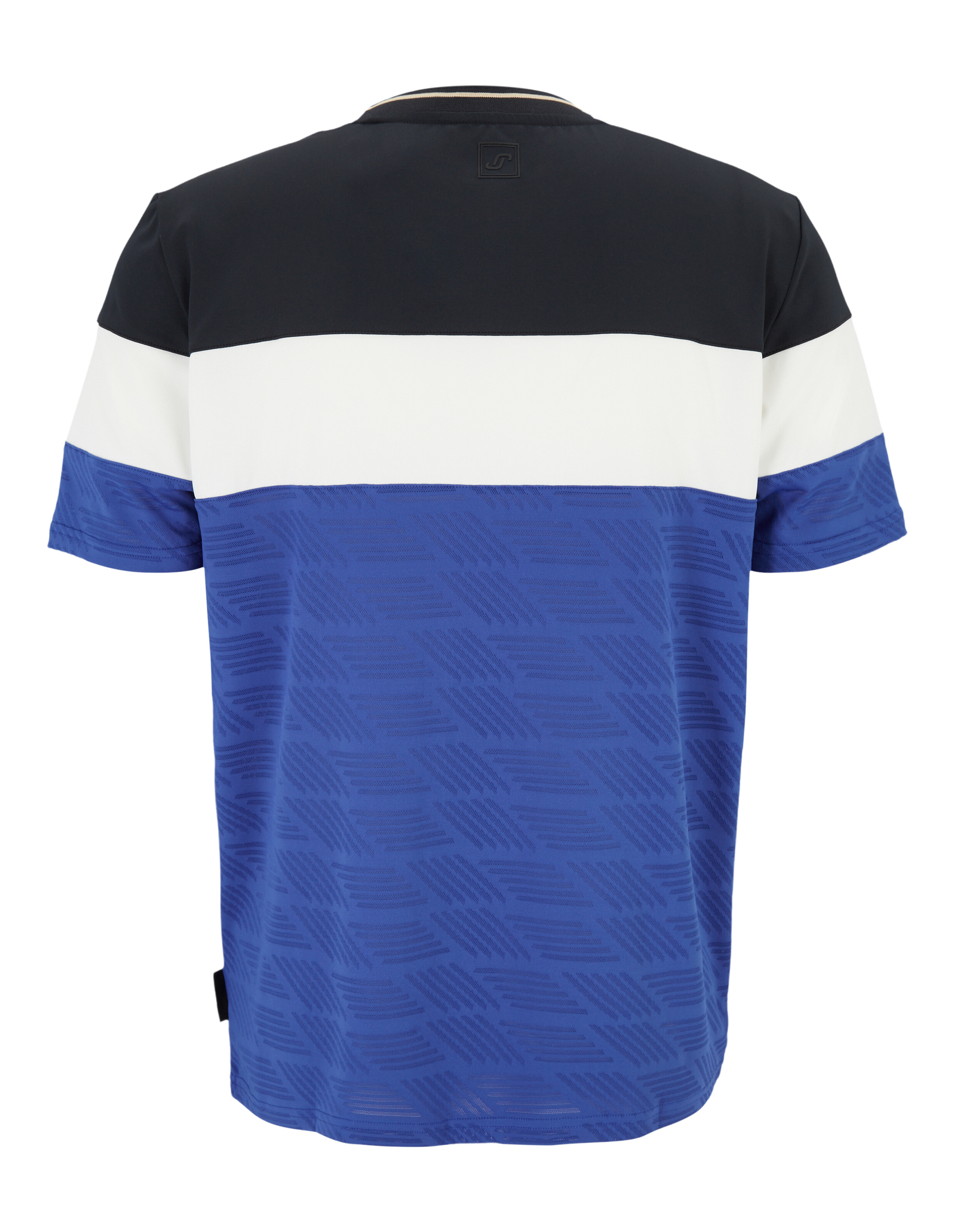 Rückansicht eines lässigen Farbblock-T-Shirts in Schwarz, Weiß und Blau mit Strukturmuster.