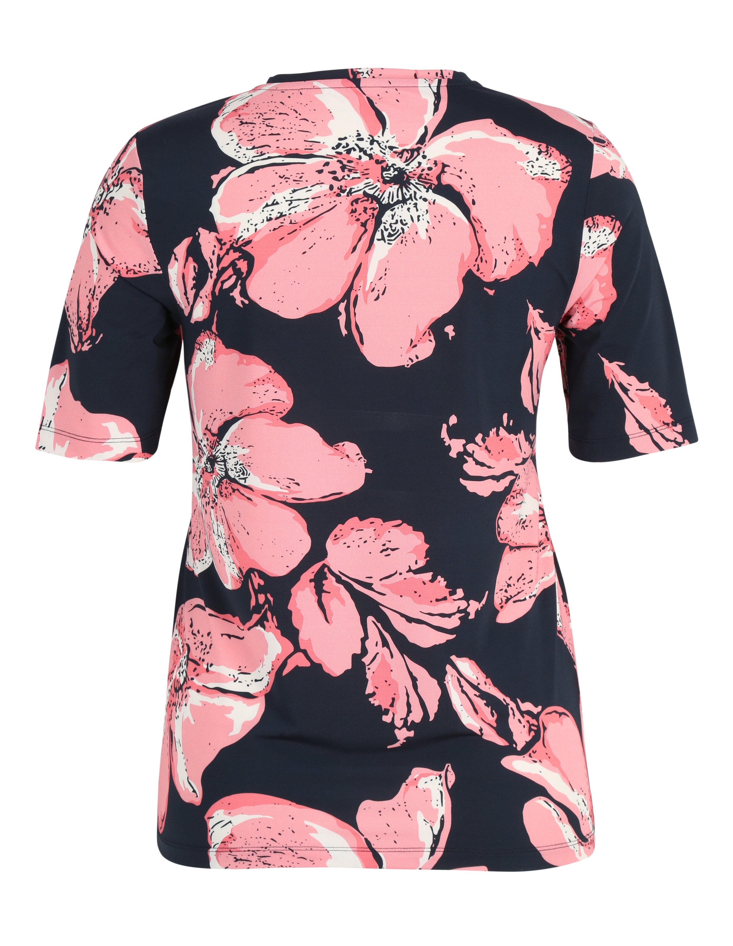 Marineblaues Blumen-T-Shirt mit rosa Blumen, kurzen Ärmeln und lockerer Passform.