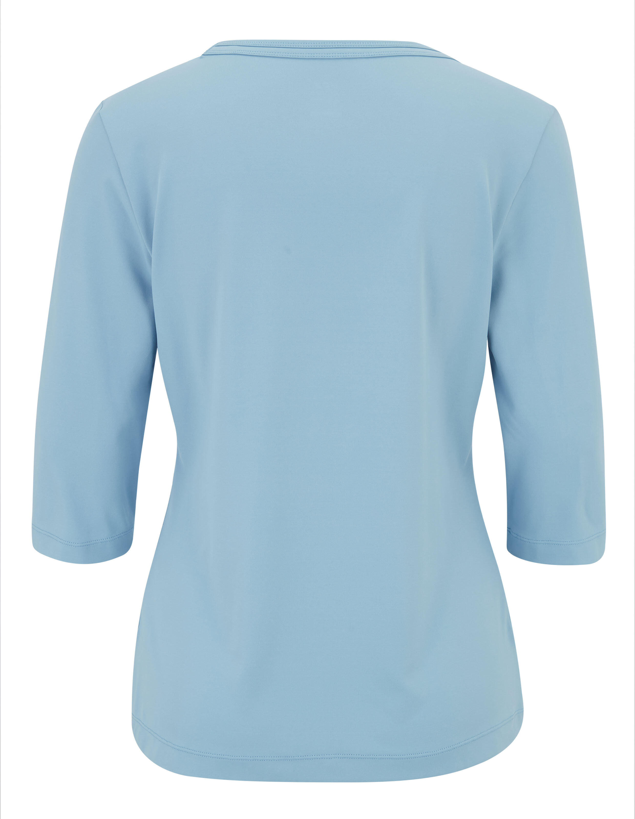 Hellblaues Shirt mit dreiviertellangen Ärmeln und rundem Halsausschnitt, schlichtes Design ohne Muster, für Damen.