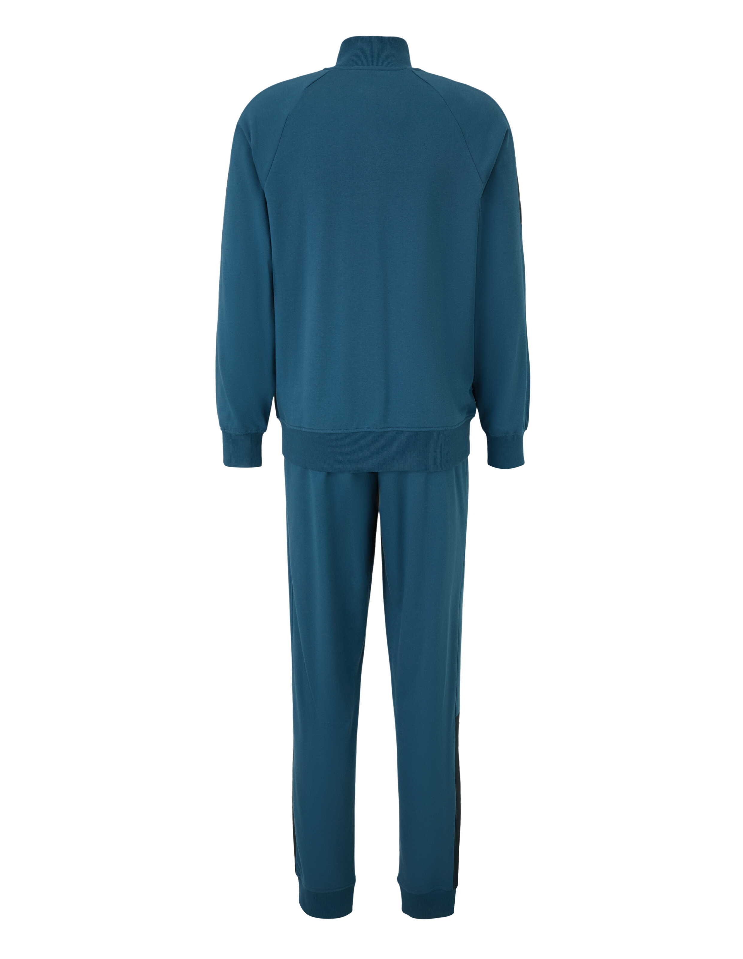 Blauer Trainingsanzug mit Reißverschlussjacke und langen Ärmeln, Hose mit elastischem Bund, schwarze Akzente an Schultern und Seiten.