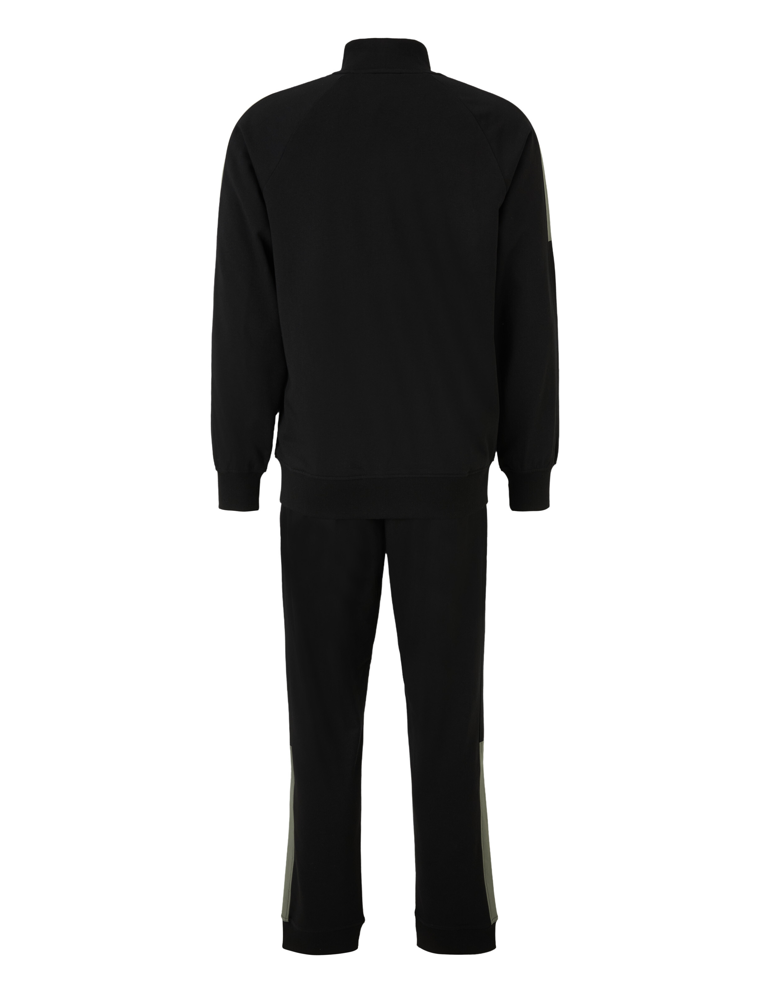 Schwarzer Trainingsanzug von hinten, bestehend aus einer Jacke mit Stehkragen und einer Hose mit seitlichen Streifen.