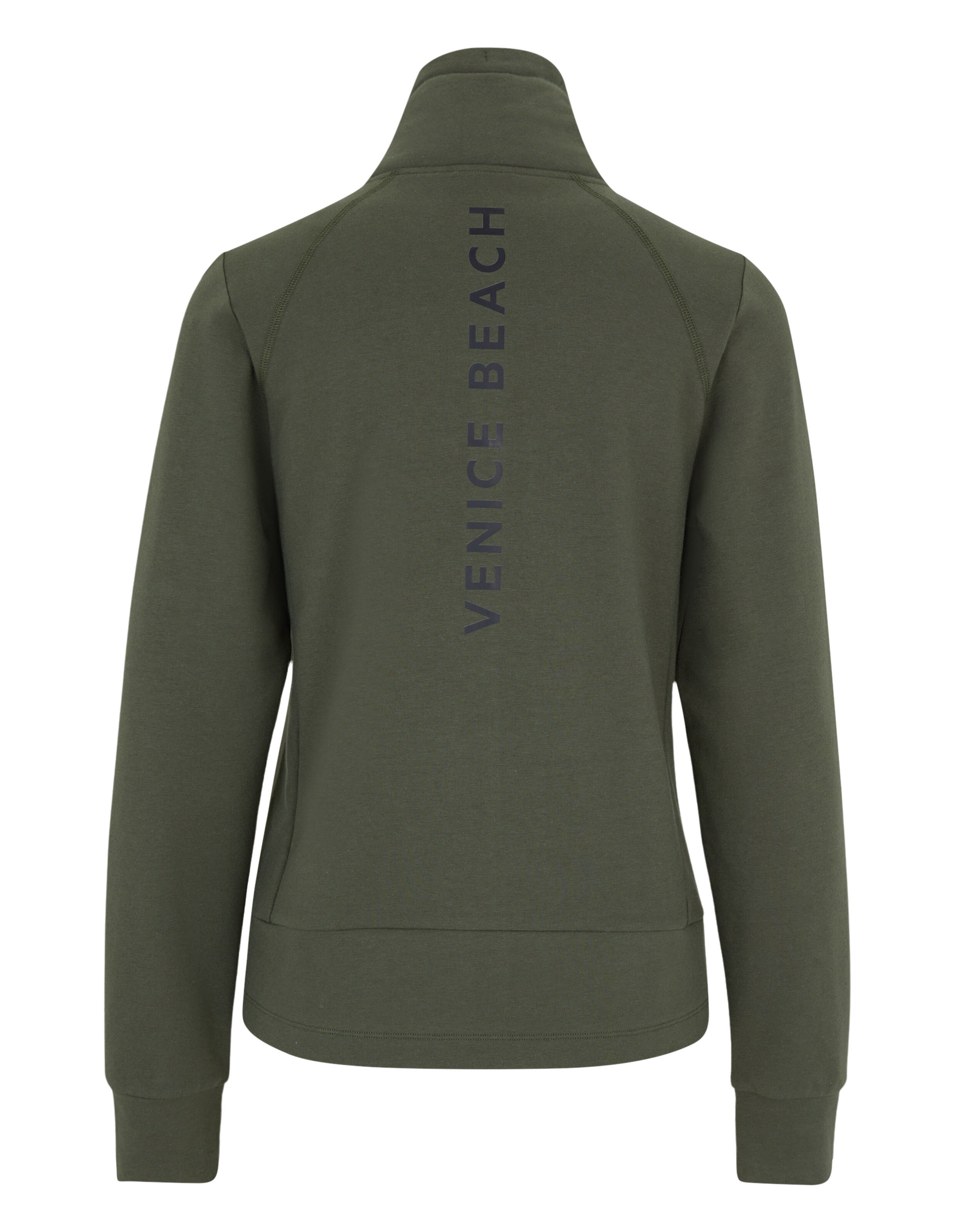 Olivgrüne Jacke mit Reißverschluss und „Venice Beach“-Aufdruck, perfekt für Freizeitkleidung.