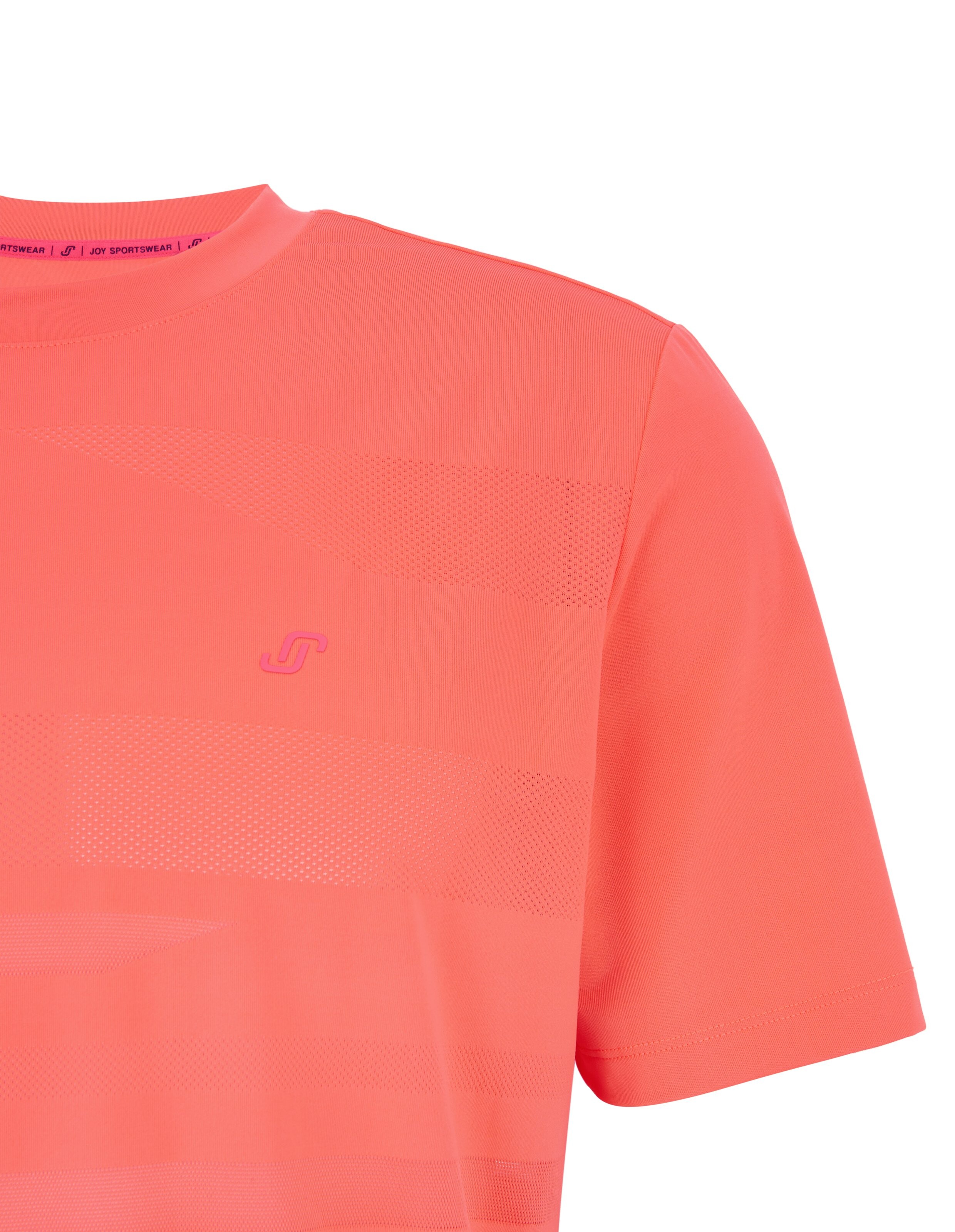 Ein leuchtend orangefarbenes T-Shirt mit kurzen Ärmeln und geometrischem Muster, ideal für sportliche Aktivitäten.