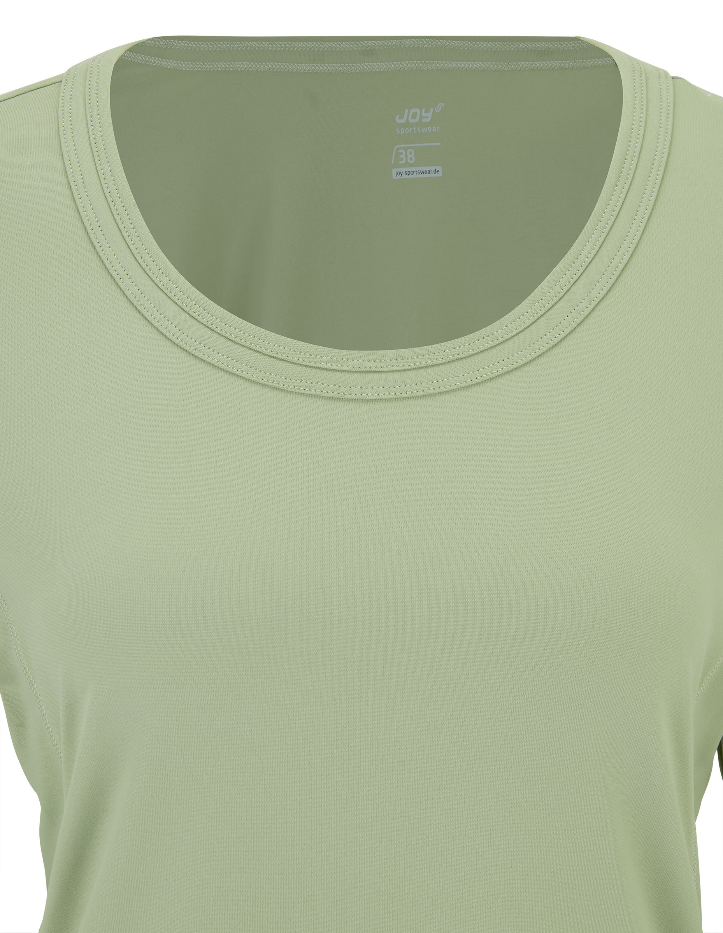 Grünes T-Shirt mit rundem Halsausschnitt, Größe 38, von Joy Sportswear, mit dehnbarem Stoff und sichtbarem Etikett im Inneren.