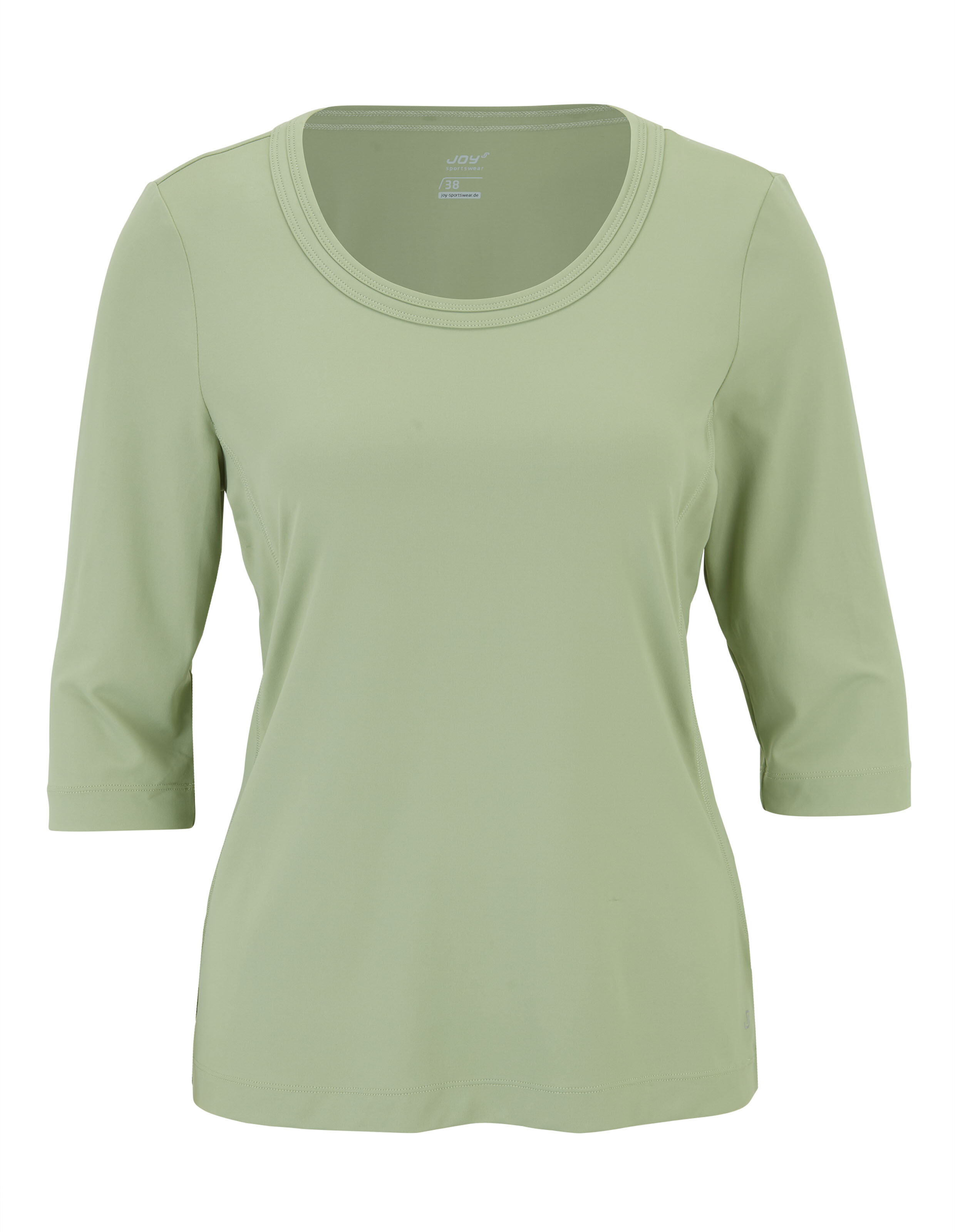 Hellgrünes Damen-Shirt mit Rundhalsausschnitt und dreiviertellangen Ärmeln, schlichter Schnitt, aus leichtem, elastischem Stoff.