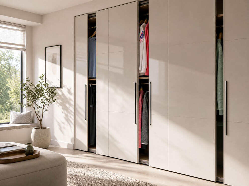Stilvolle Garderobe mit gemütlicher Freizeitkleidung in modernem Ambiente.