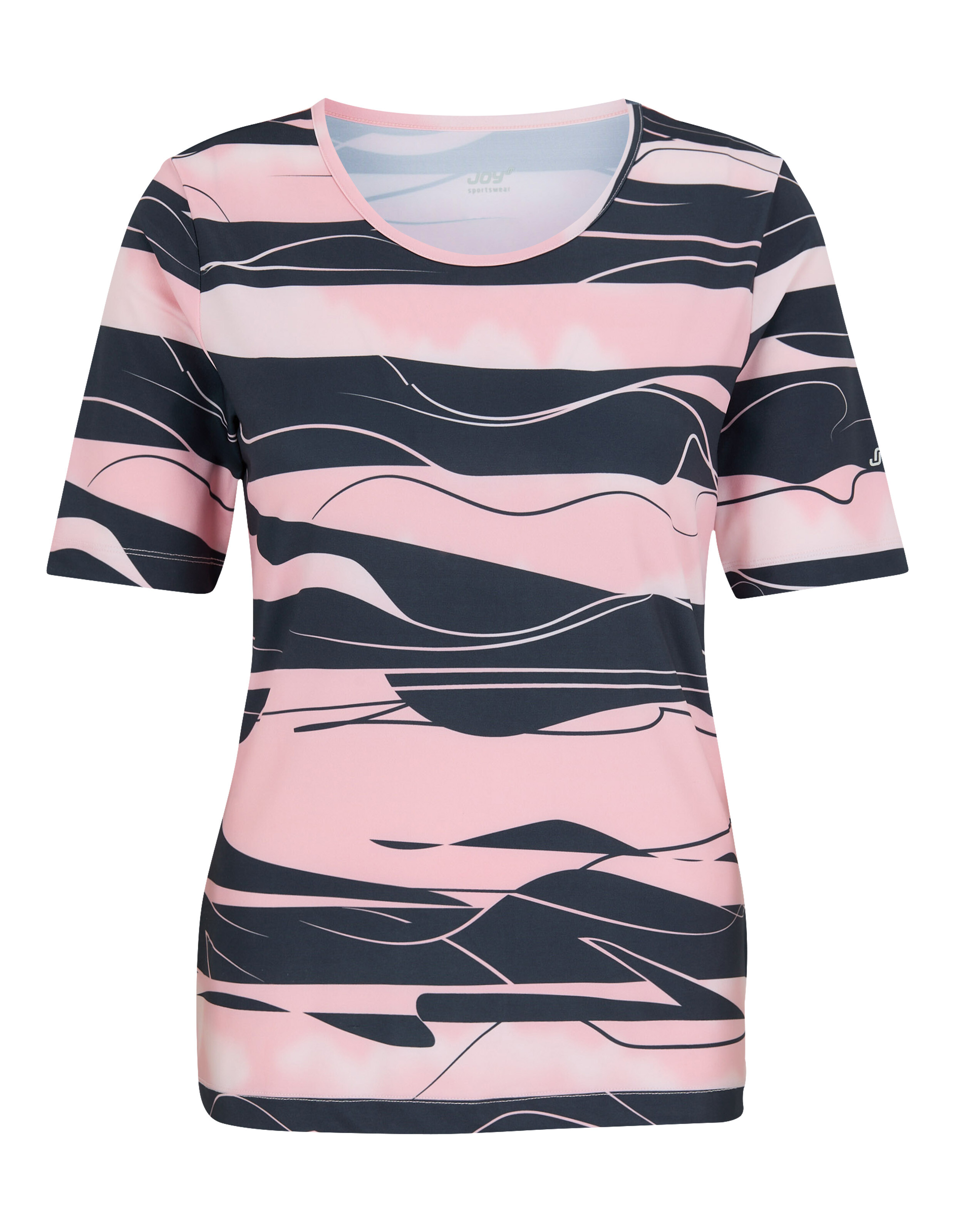 Stylisches Damen-Kurzarmoberteil mit Wellenmuster in Rosa und Marineblau.