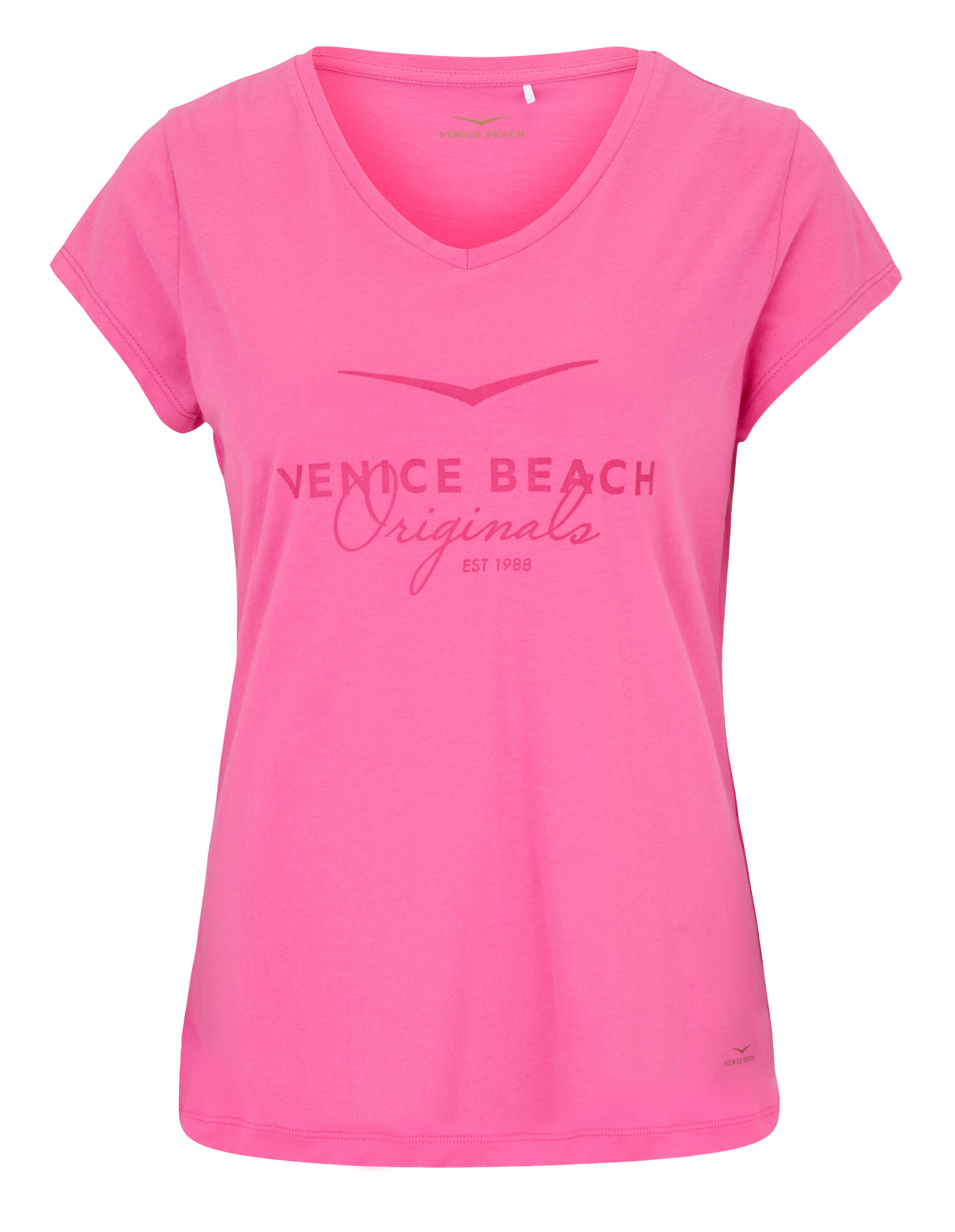Rosafarbenes Venice Beach-T-Shirt mit V-Ausschnitt und lässigem Logo-Print für bequemes Tragen im Alltag.