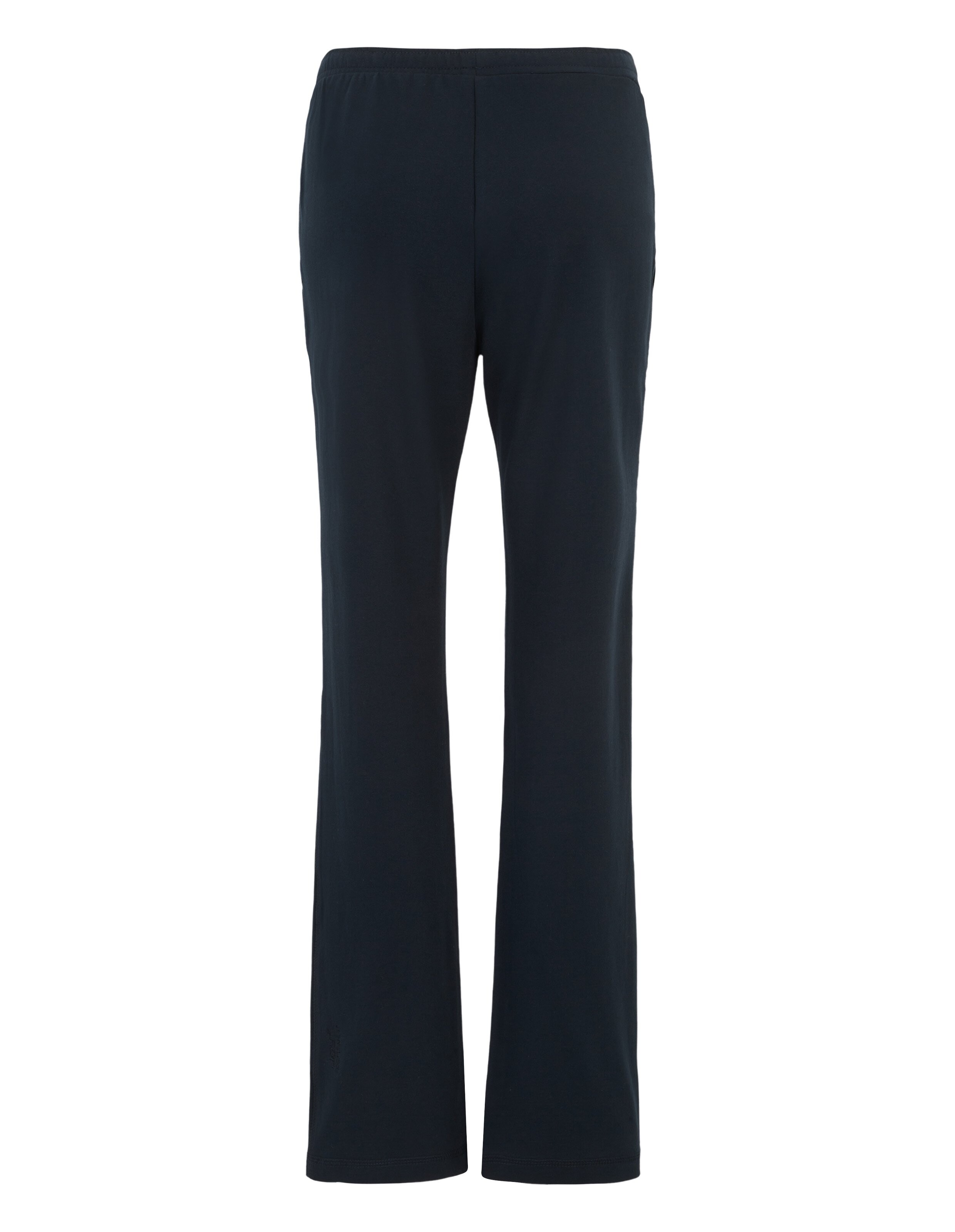 Dunkelblaue, gerade geschnittene Hose aus weichem Stoff mit elastischem Bund und zwei sichtbaren Nähten an der Vorderseite.