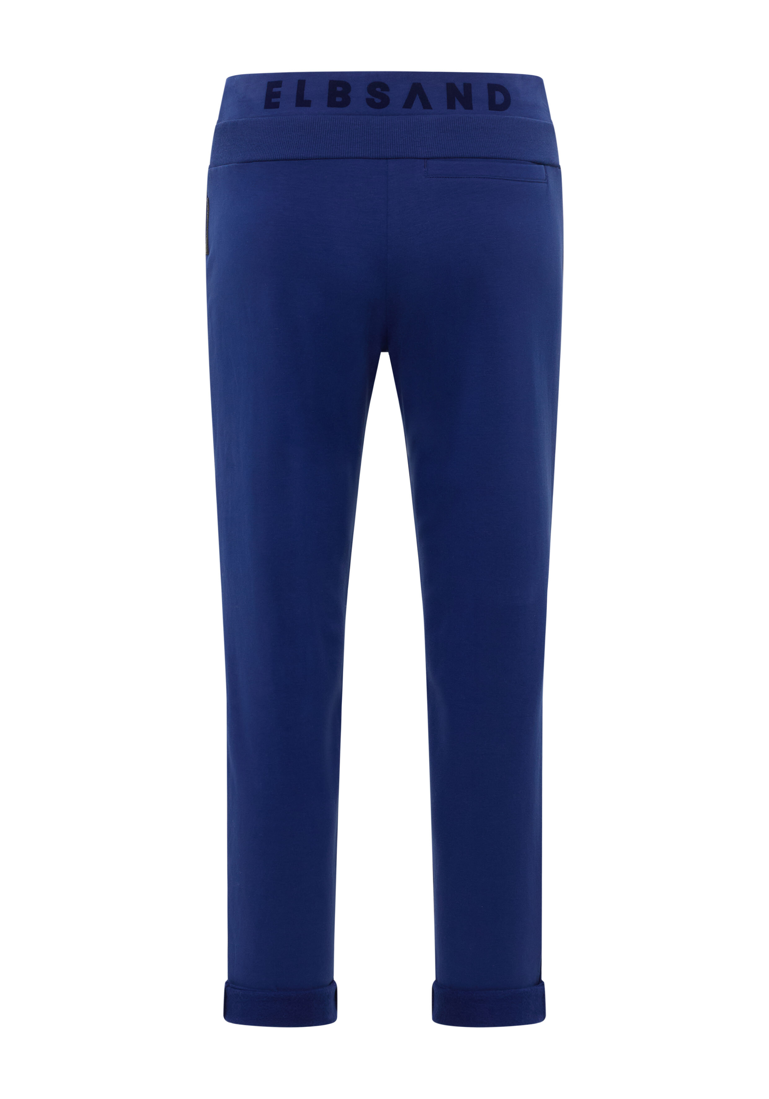 Rückansicht der lässigen blauen ELBSAND-Loungehose mit elastischem Markenbund.