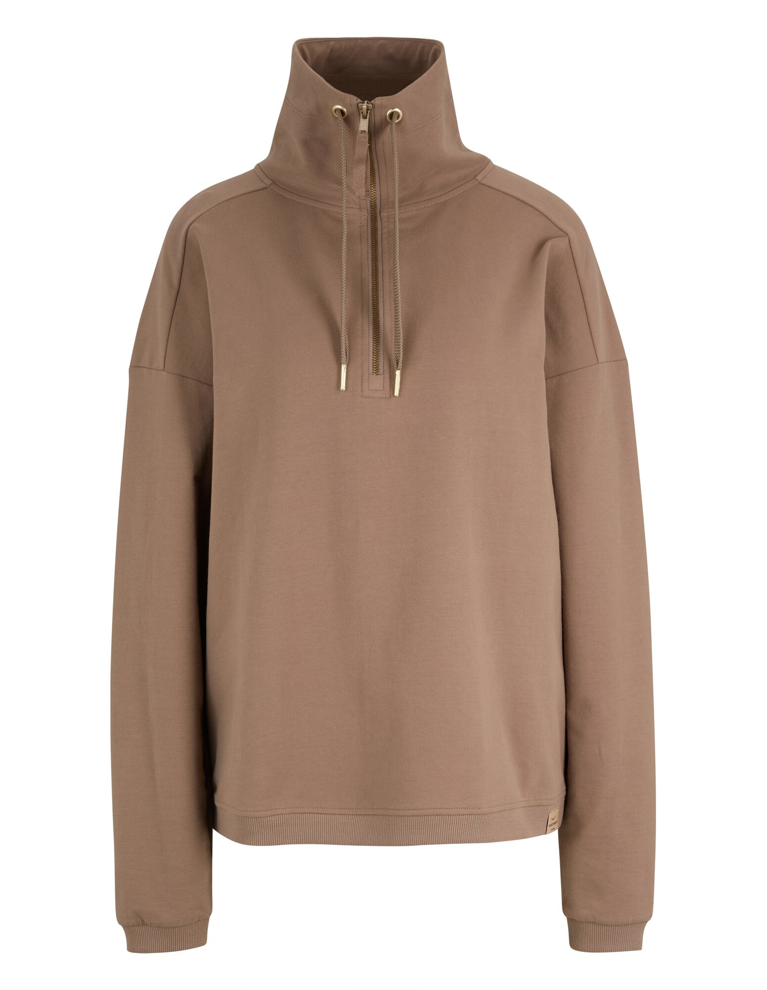 Kuscheliges braunes Sweatshirt mit Stehkragen und Kordelzug, perfekt für den Freizeitlook.