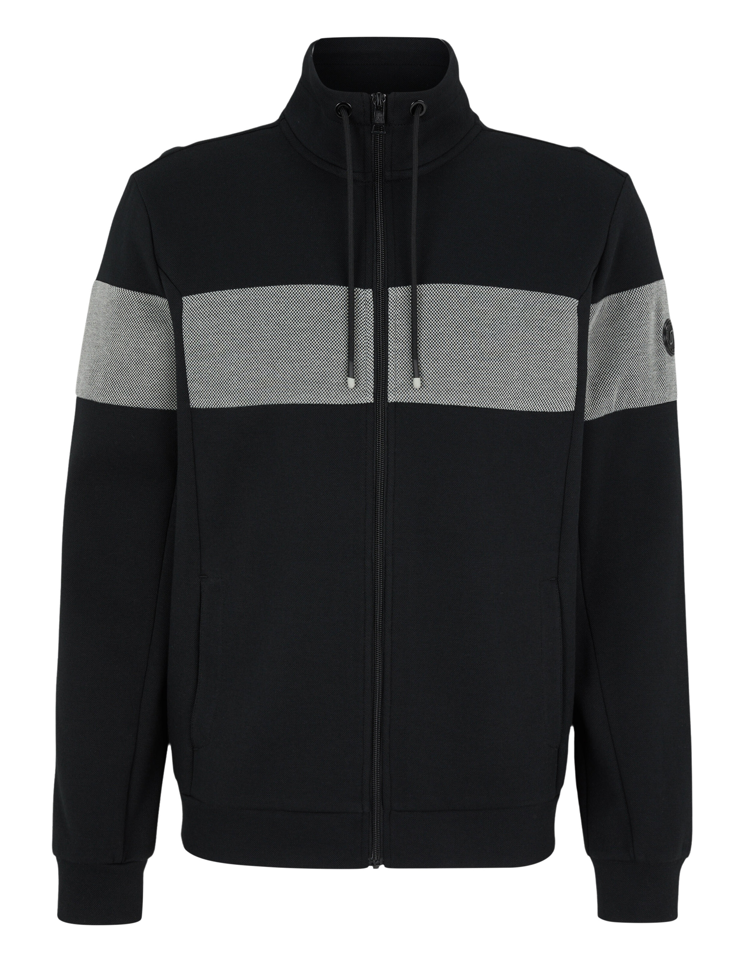 Schwarze Herrenjacke mit Reißverschluss und grauen Streifen, perfekt für die Freizeit.