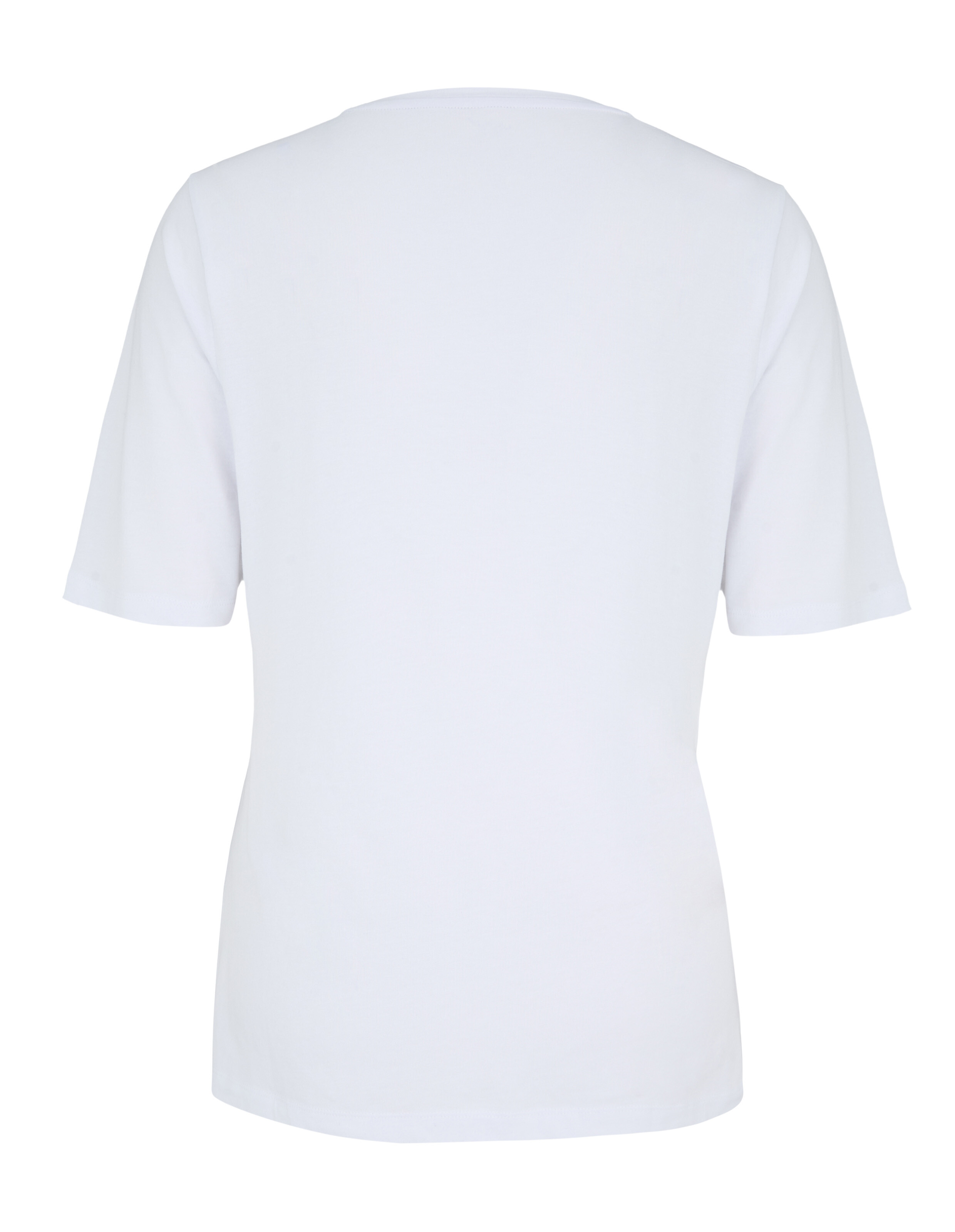 Rückansicht eines weißen Freizeit-T-Shirts mit kurzen Ärmeln und rundem Ausschnitt.