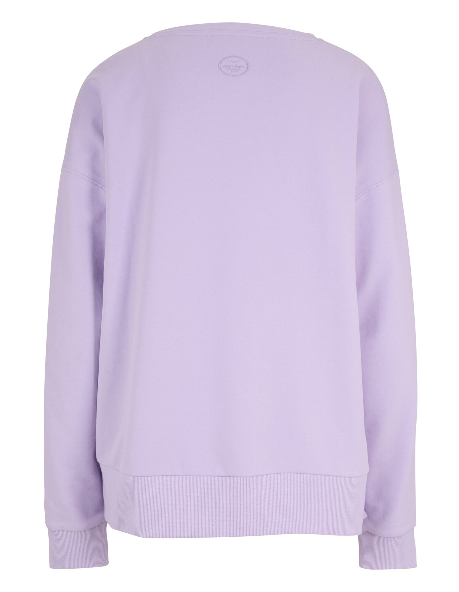 Rückansicht eines kuscheligen lavendelfarbenen Sweatshirts mit gerippten Bündchen und Saum.