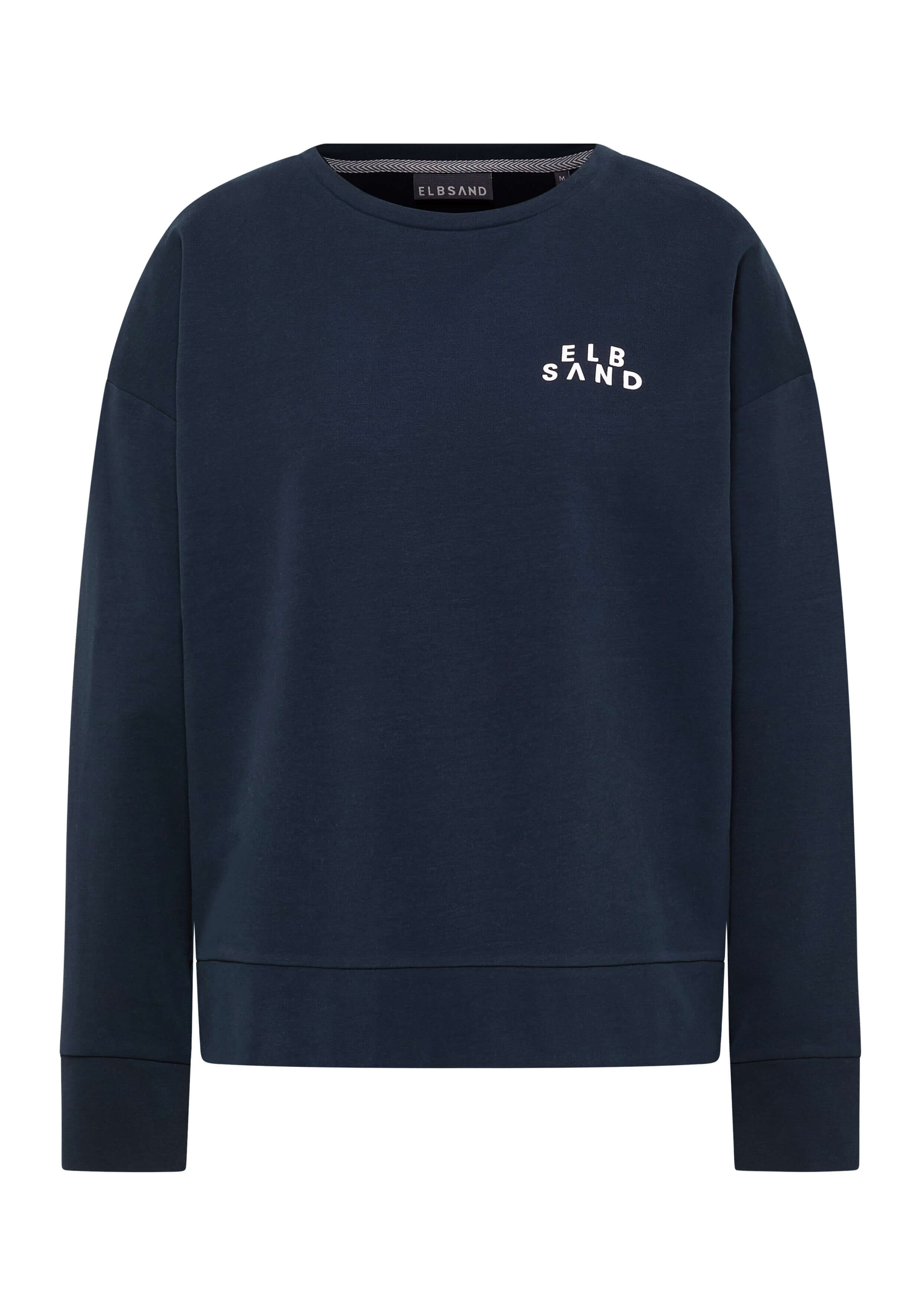 Marineblaues ELBSAND-Sweatshirt mit langen Ärmeln und weißem Logo für Freizeitkleidung.