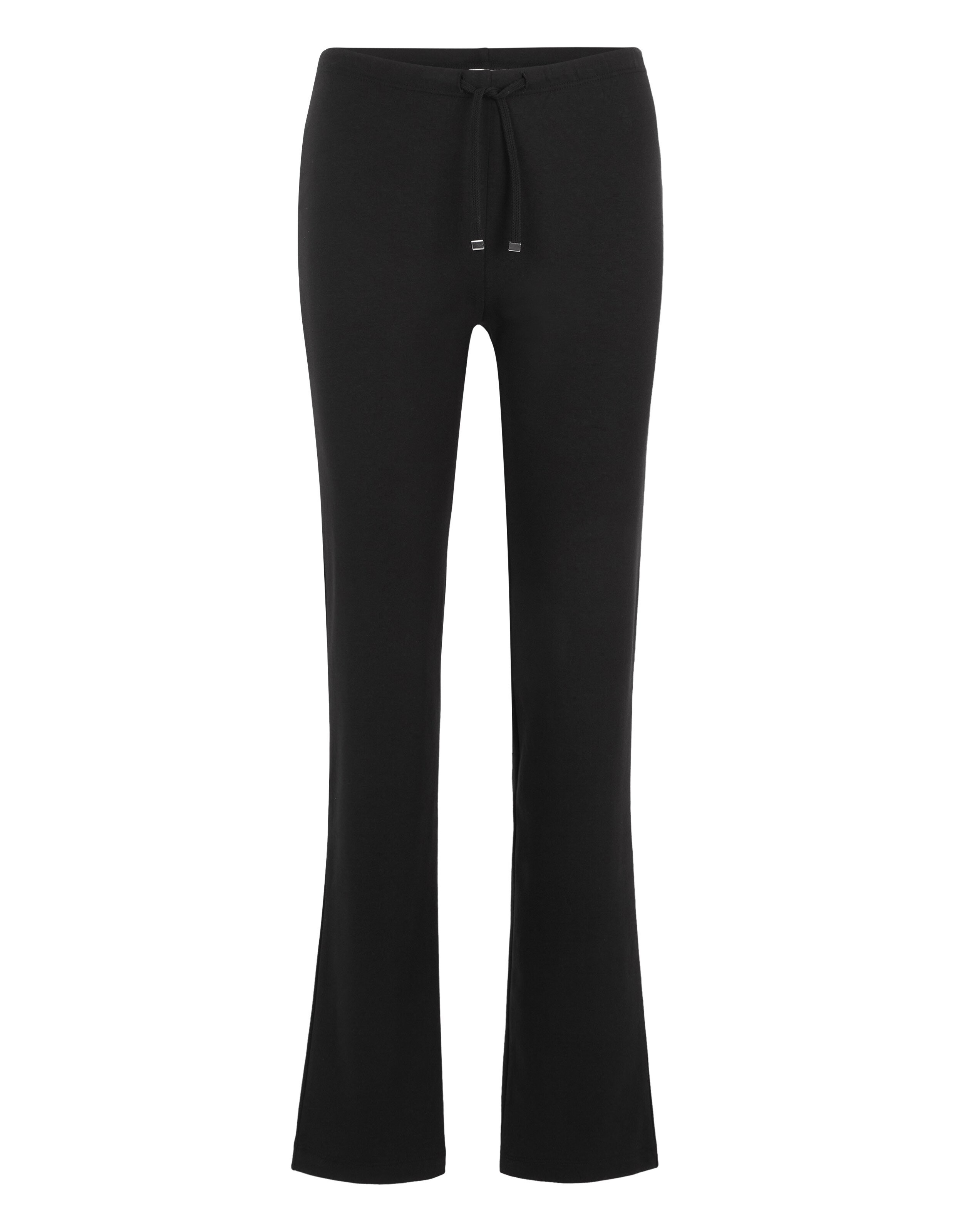 Schwarze, weite Jogginghose mit Kordelzug am Bund und leicht ausgestelltem Bein, ideal für Freizeit und Komfort.