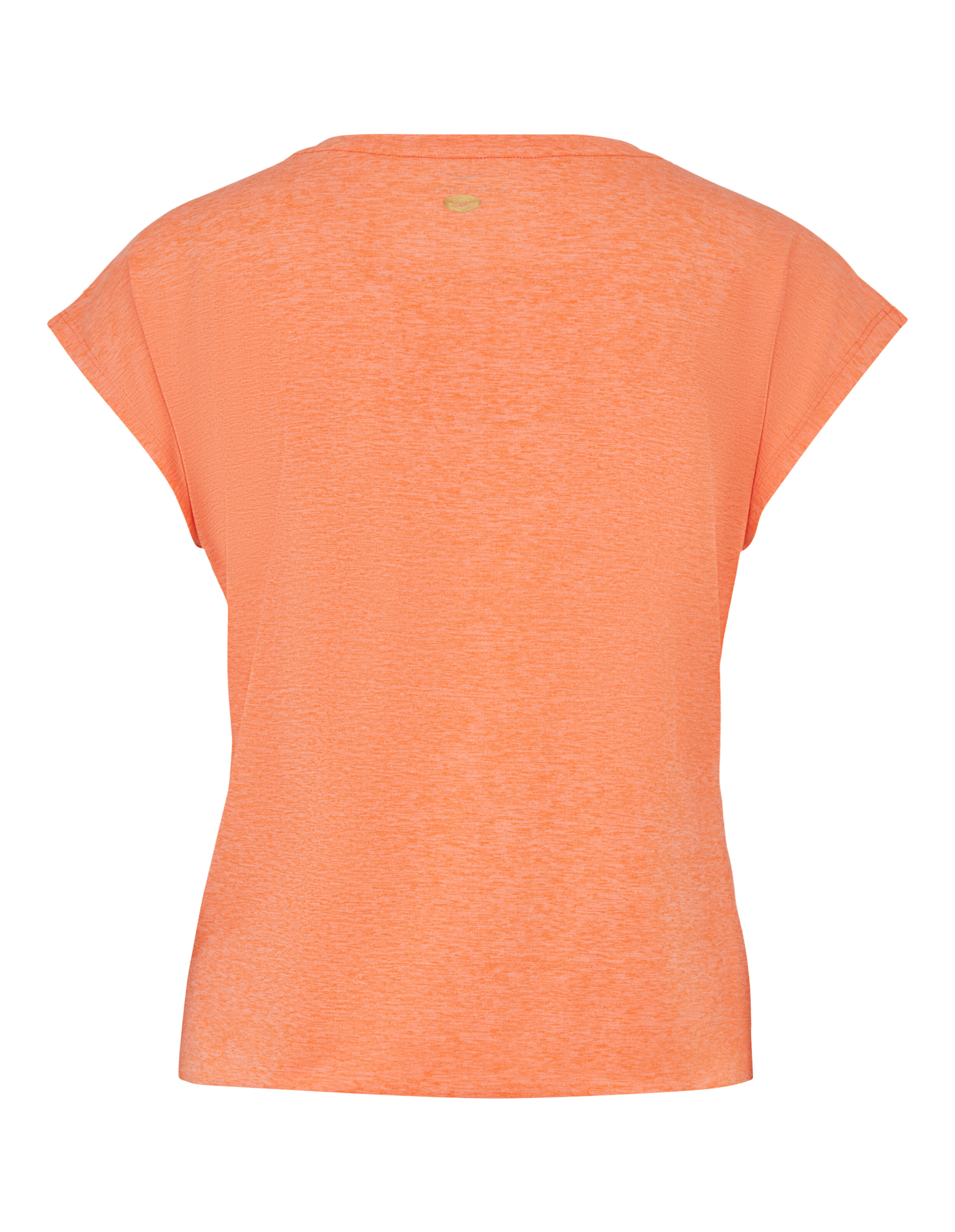 Rückansicht eines gemütlichen orangefarbenen Freizeit-T-Shirts mit kurzen Ärmeln.