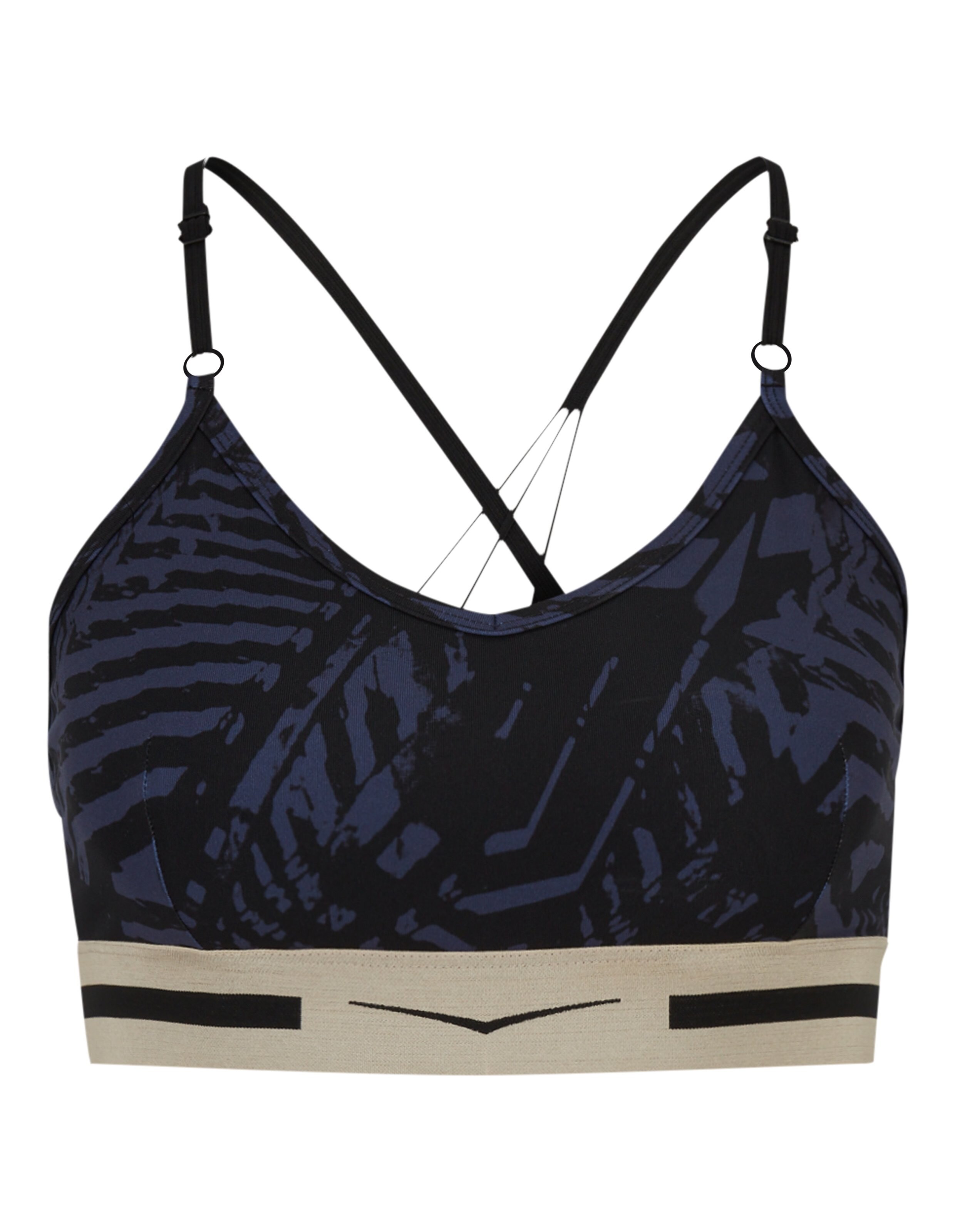 Schwarz-marineblau gemusterter Sport-BH mit überkreuzten Trägern am Rücken und elastischem Band.
