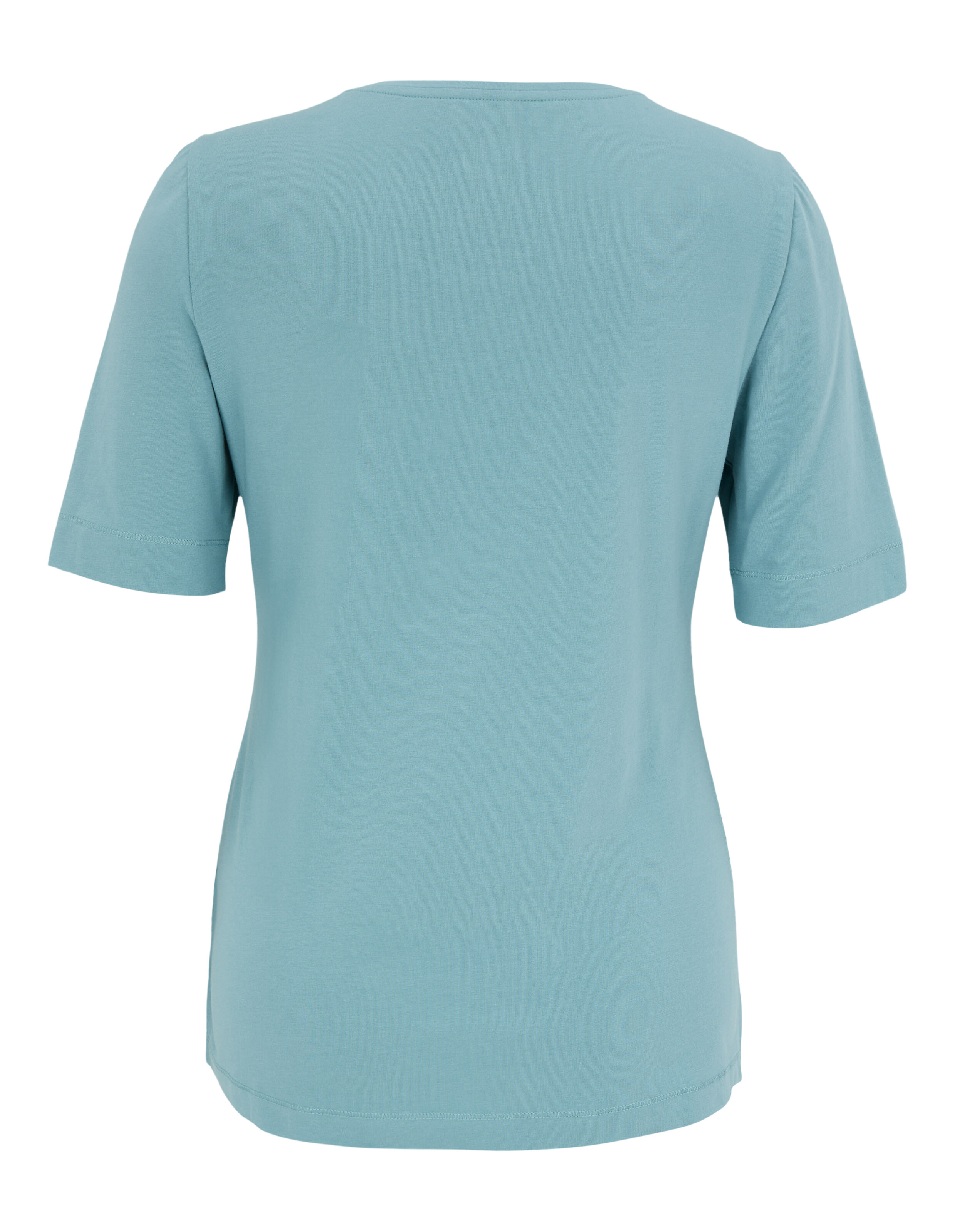 Rückansicht eines hellblauen Freizeit-T-Shirts mit kurzen Ärmeln und entspannter Passform.