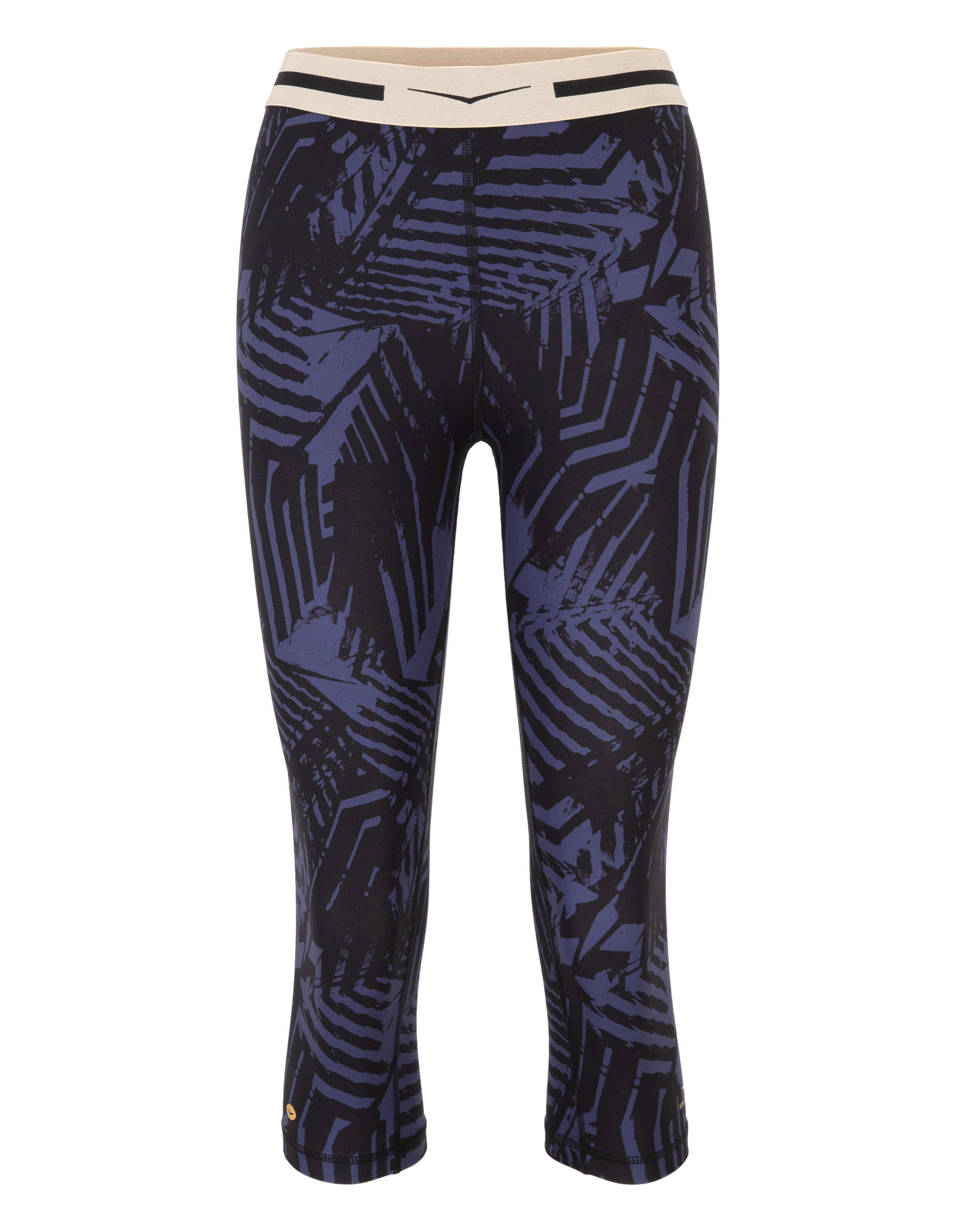 Kurze ELBSAND-Leggings mit geometrischem Druck in Schwarz und Blau und elastischem Bund.