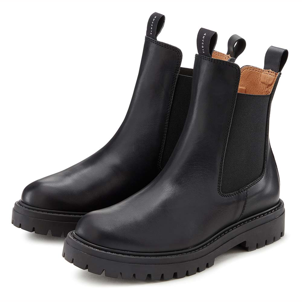 Stilvolle Chelsea-Stiefel aus schwarzem Leder mit elastischen Seiteneinsätzen und robusten Sohlen.