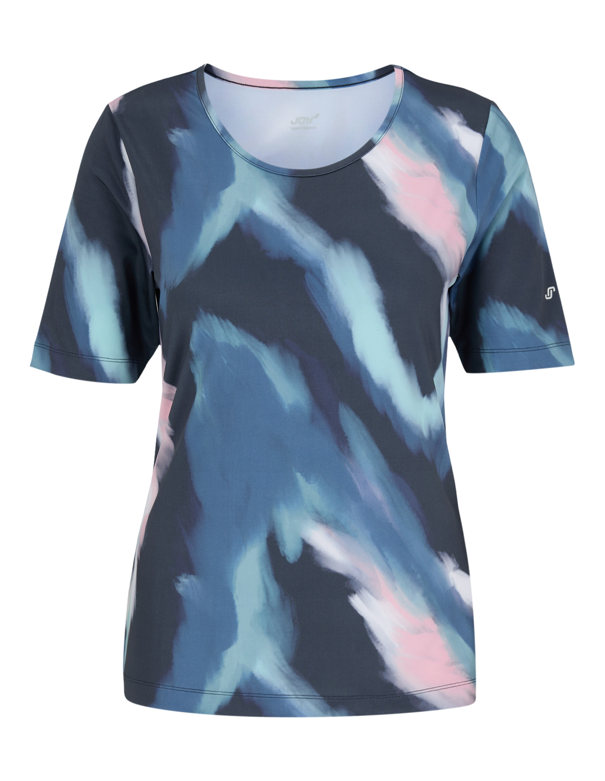 Stylisches Kurzarm-Top mit abstraktem Muster in Blau und Rosa, perfekt für den Freizeitlook.
