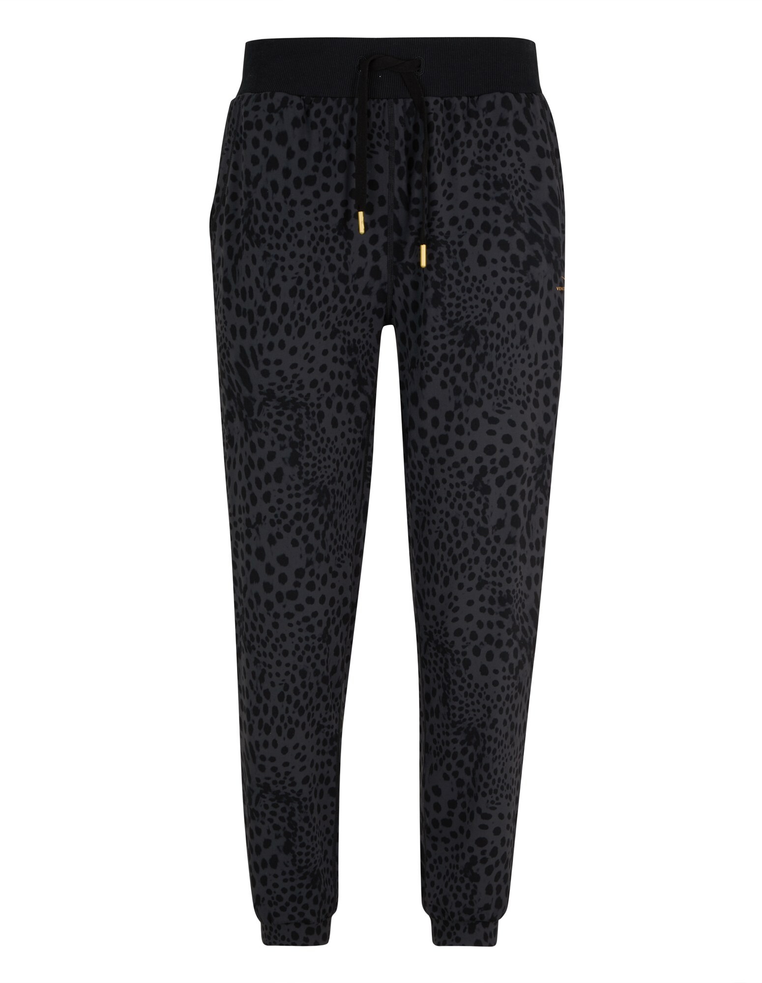 Schwarze Jogginghose mit Leopardenmuster, elastischem Bund und Kordelzug.