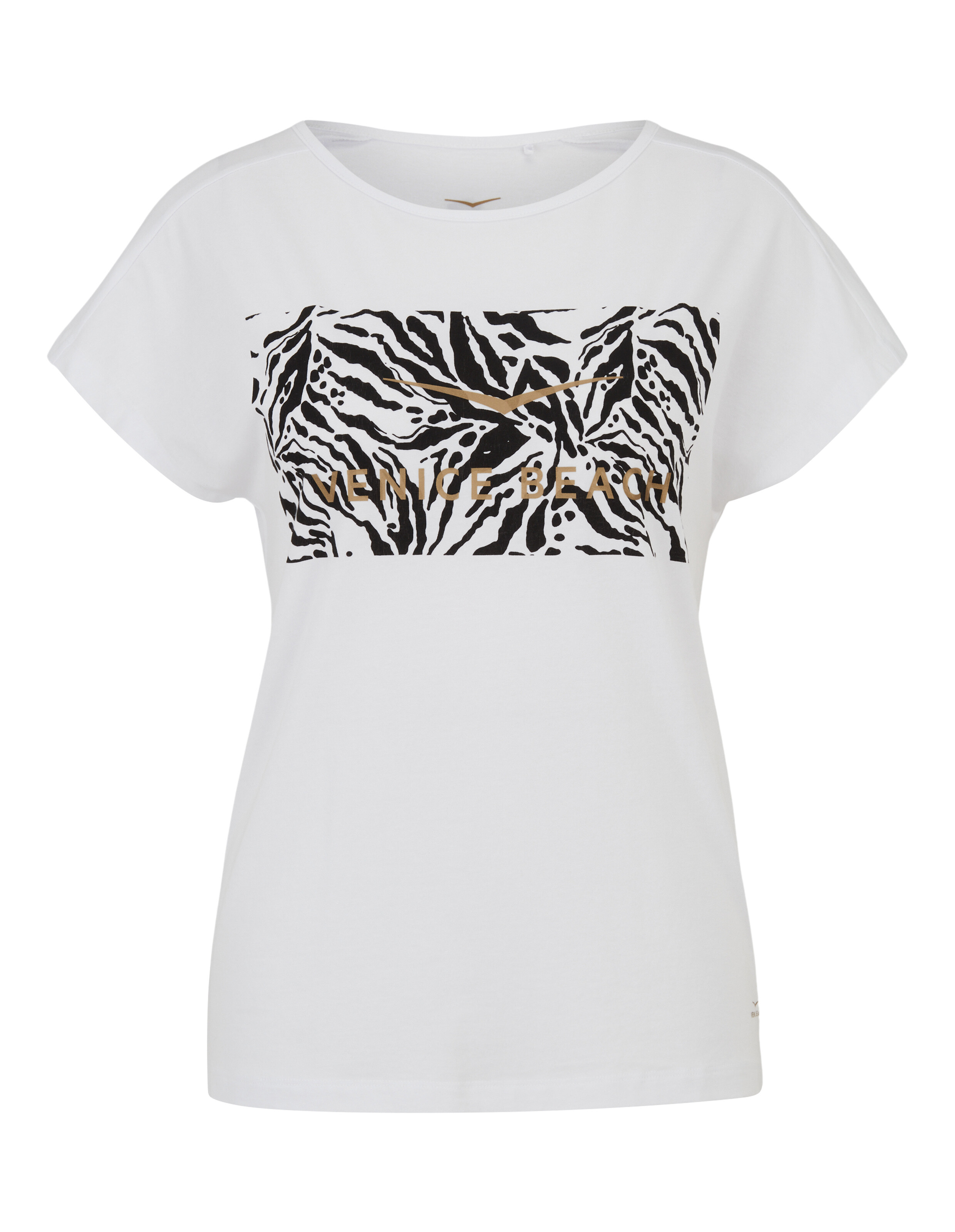 Weißes, lässiges T-Shirt mit schwarzem Zebradruck und goldener Venice Beach-Logografik.