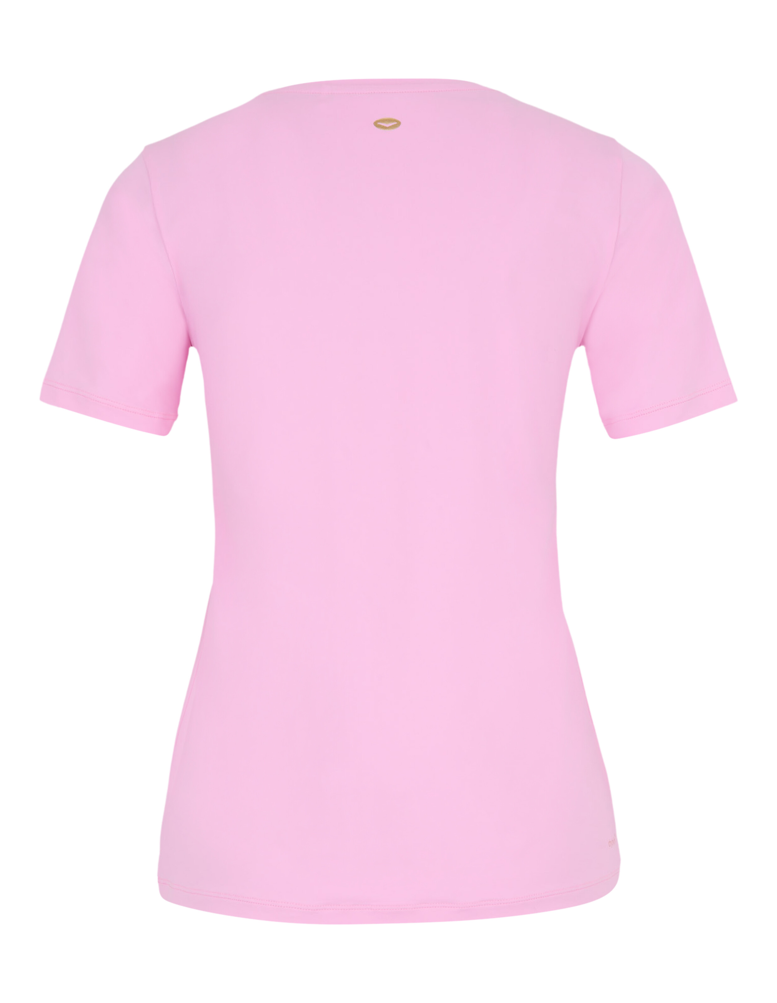Rückansicht eines hellrosa lässigen Kurzarm-T-Shirts für Damen.