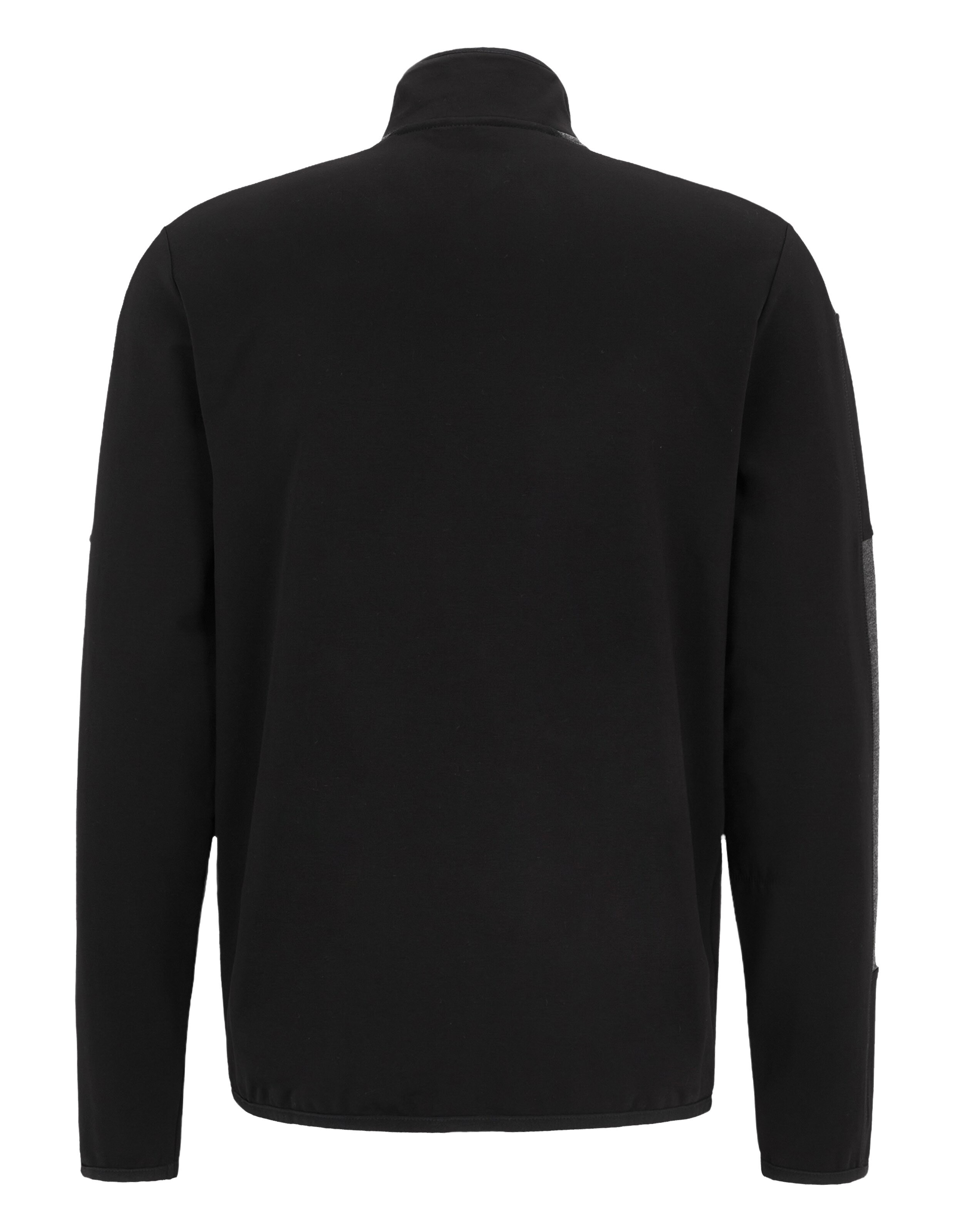 Schwarze Jacke von hinten, mit Stehkragen und langen Ärmeln, schlichtes Design ohne sichtbare Details oder Verzierungen.