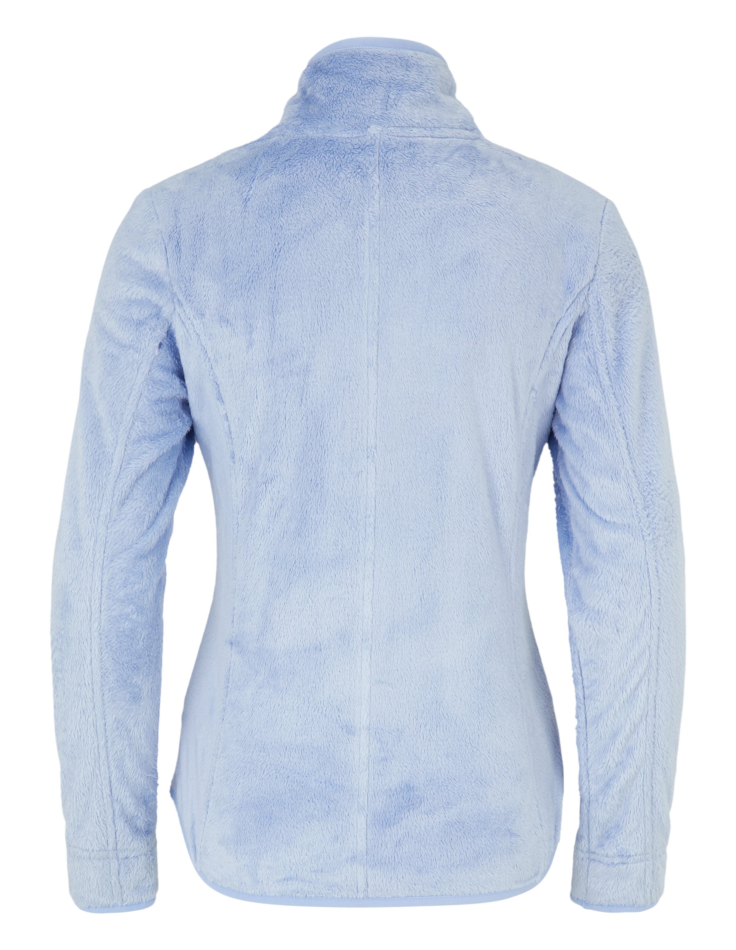 Hellblaue, flauschige Fleecejacke mit hohem Kragen und langen Ärmeln, von hinten fotografiert, ohne sichtbare Details oder Muster.