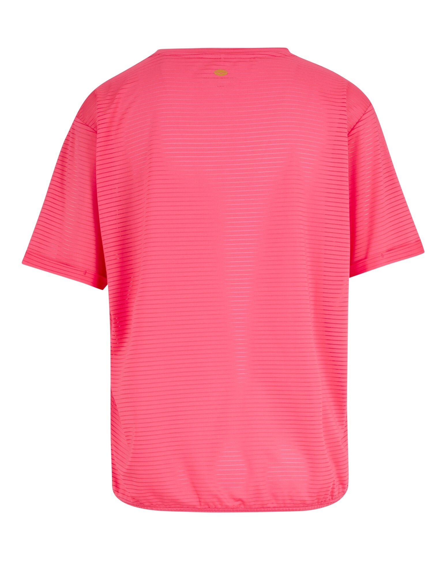 Rückansicht eines leuchtend rosa Freizeit-T-Shirts mit horizontalen Streifen.