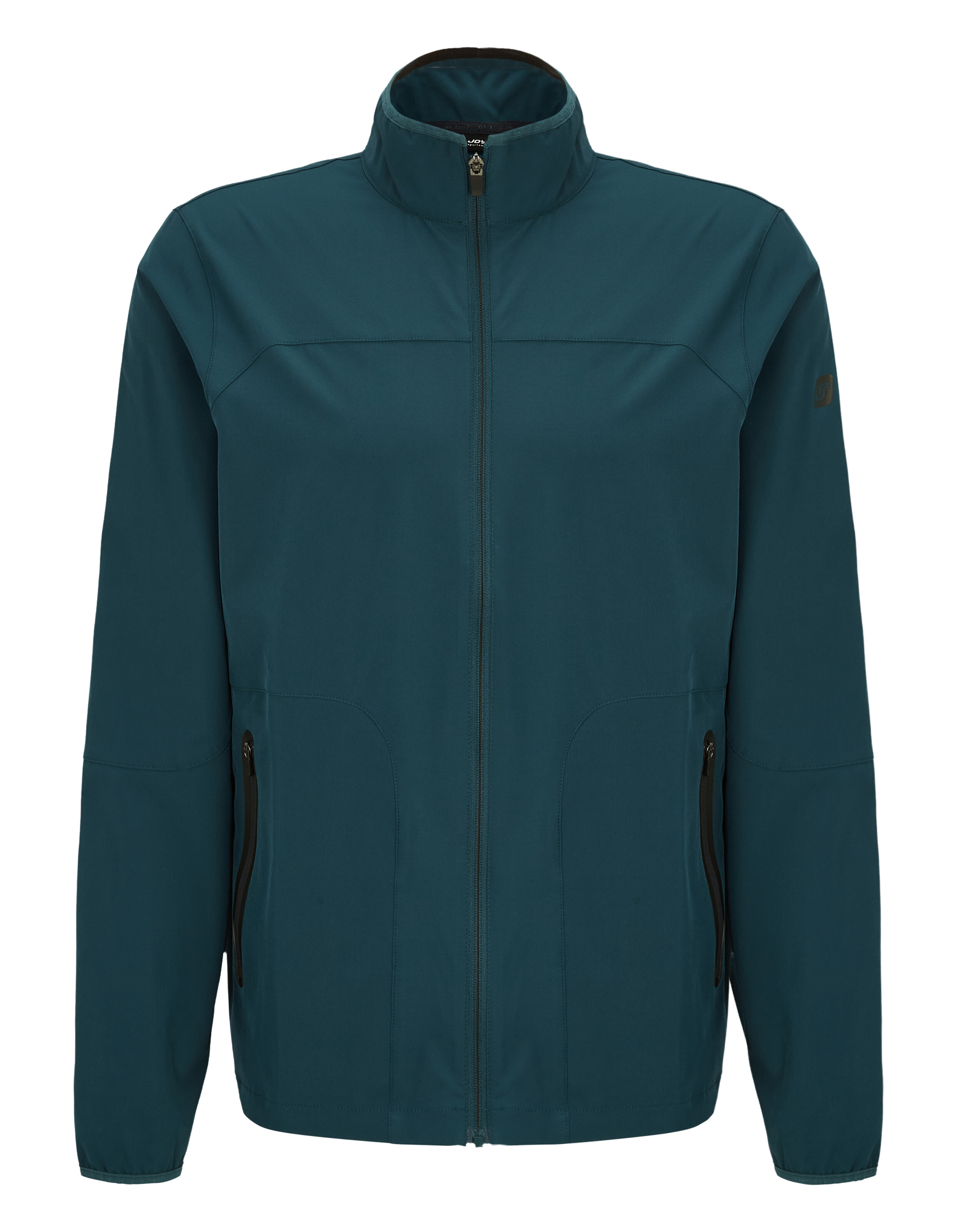 Blaugrüne Herrenjacke mit Reißverschluss, Stehkragen und Seitentaschen, perfekt für Freizeitausflüge und Lagenlook.