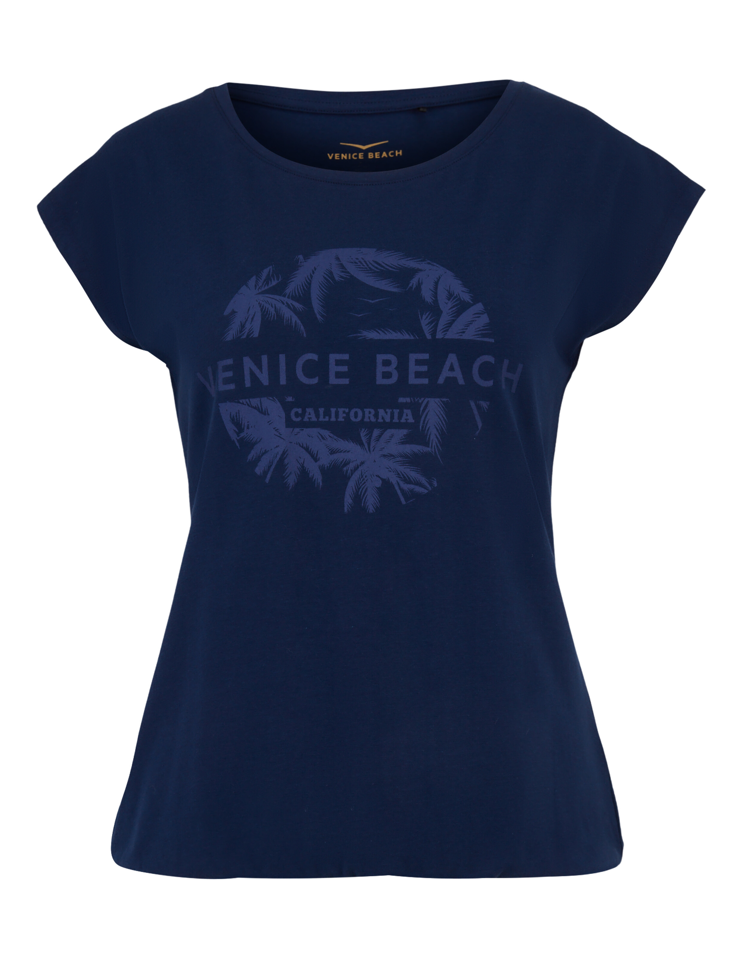 Marineblaues Freizeit-T-Shirt mit Venice Beach-Grafik und Palmenblatt-Design.