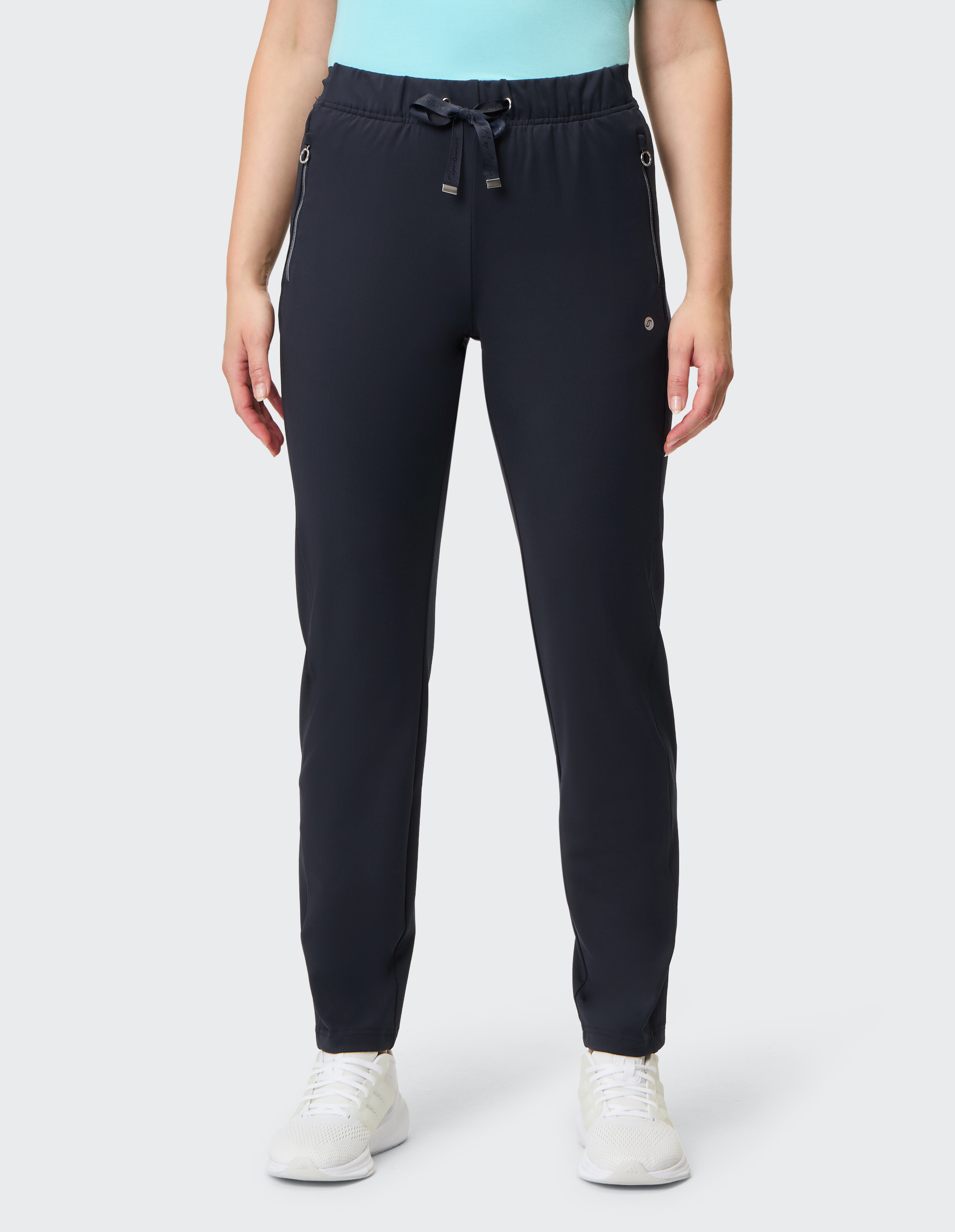 Marineblaue Jogginghose für Damen mit Kordelzug und Seitentaschen, perfekt für die Freizeit.