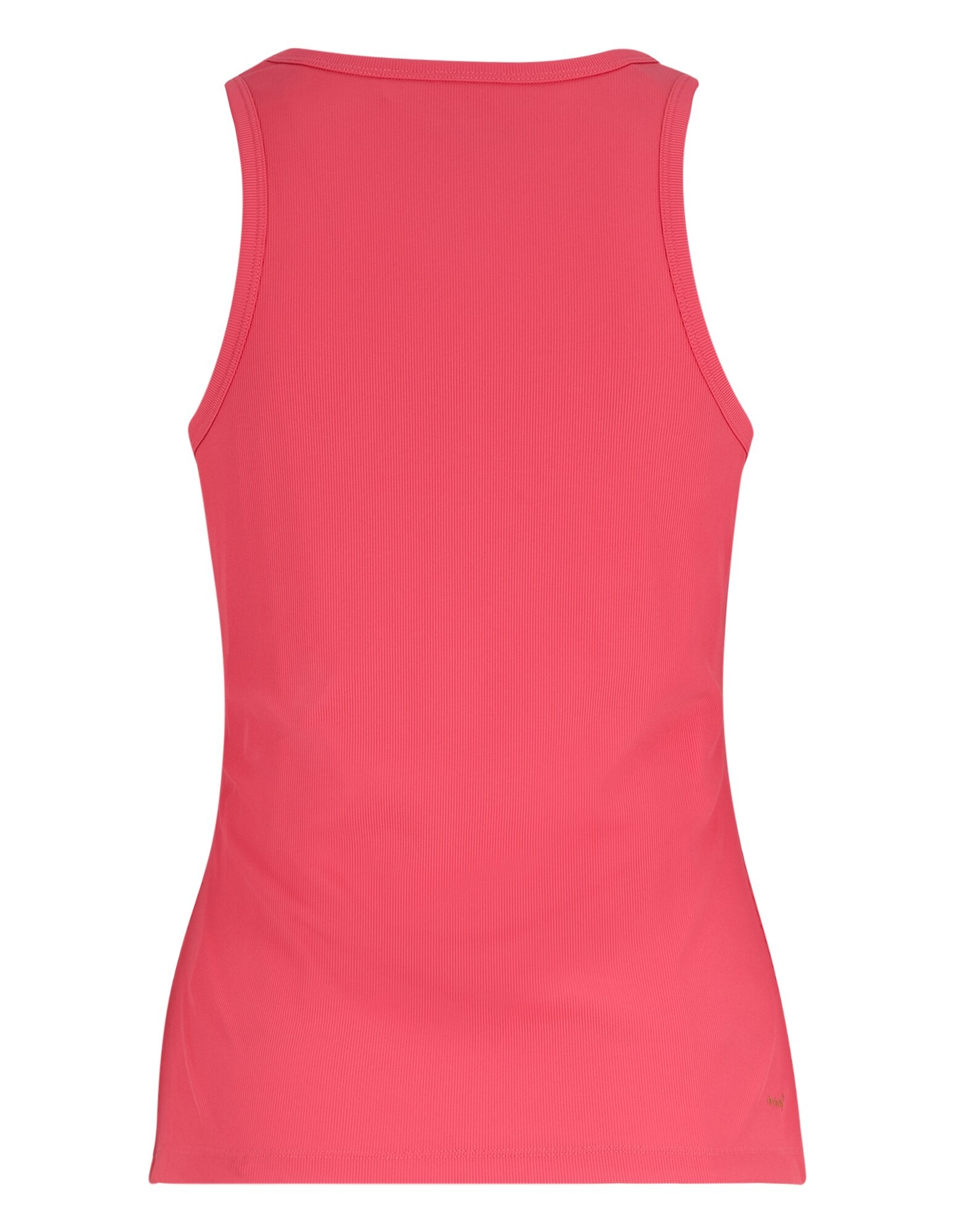 Rückansicht eines taillierten Korallen-Tanktops mit gerippter Struktur, perfekt für Freizeitkleidung.