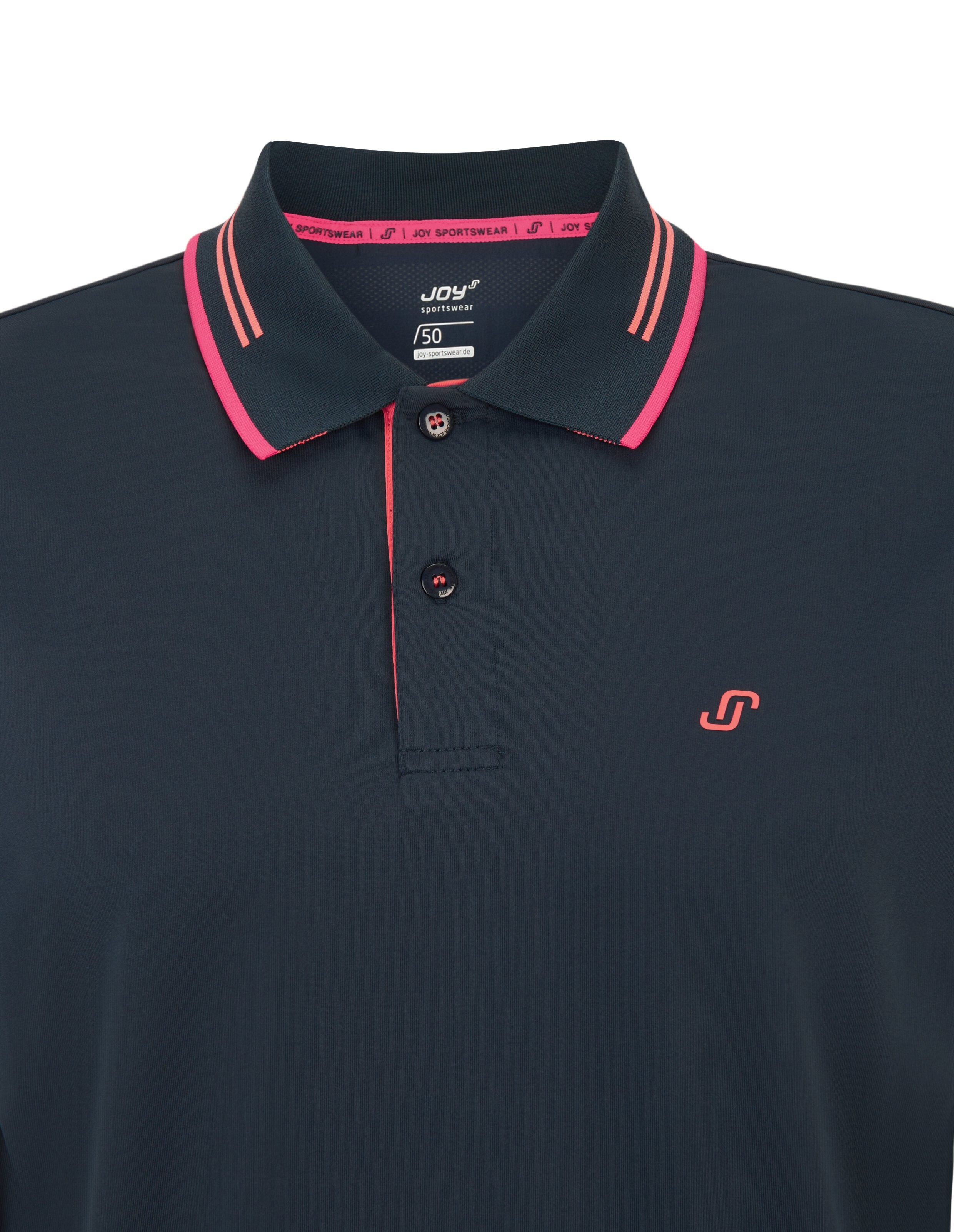 Dunkelblaues Poloshirt mit rosa Kragenstreifen und Logo für lässige Sportbekleidung.