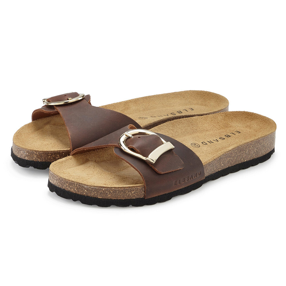 Braune, lässige Sandalen mit Schnallendetail und Korkfußbett für Komfort.