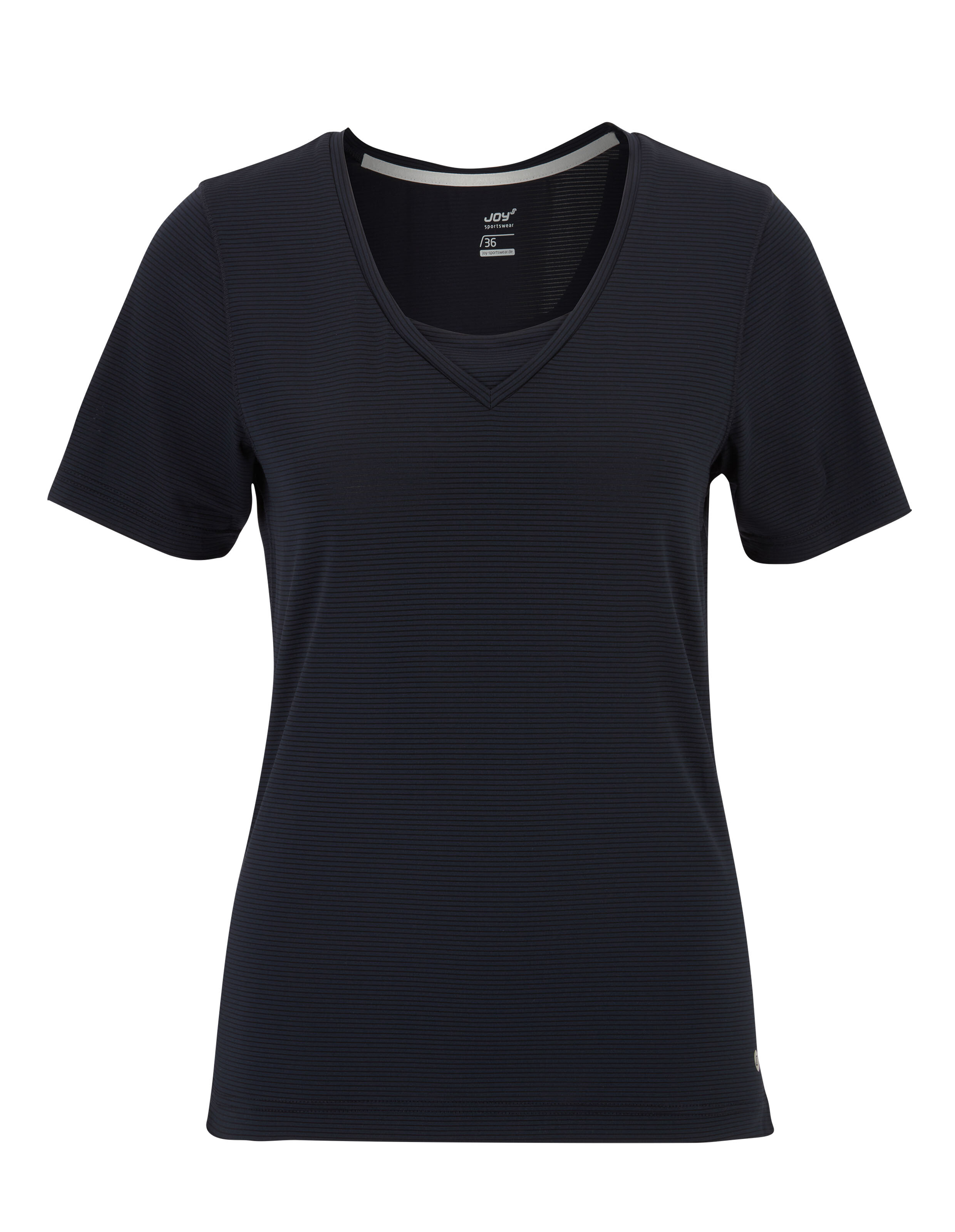 Dunkelblaues, kurzärmeliges Sport-T-Shirt mit V-Ausschnitt in schlichter Optik, perfekt für sportliche Aktivitäten.