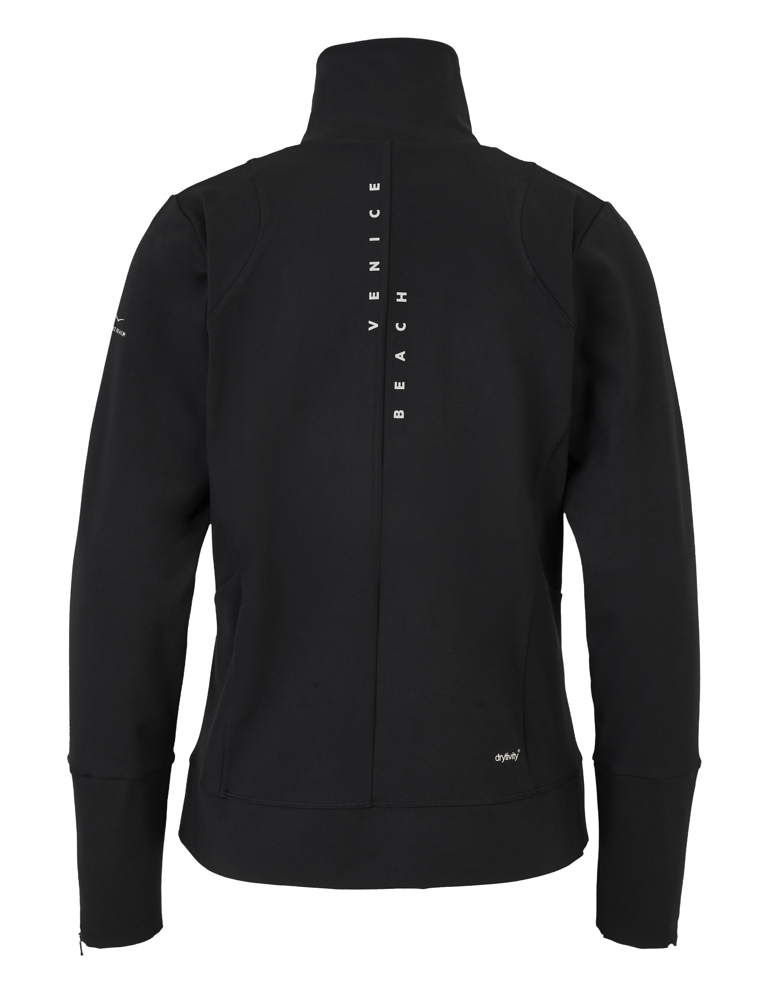 Rückansicht der schwarzen Caitria-Sweatjacke von Venice Beach mit vertikalem Logo.